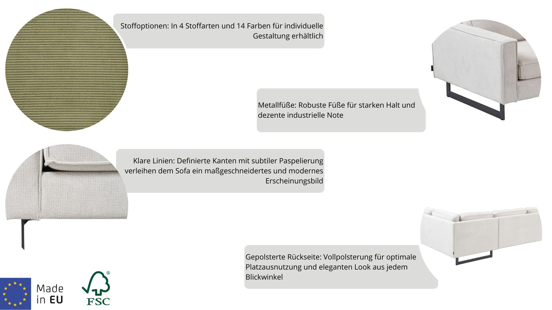 Places of Style 3-Sitzer »Maxi-Ausführung Pinto, 236 cm, Cord, Chenille, Lederoptik«, mit Keder, schwarze Metallfüße, Wellenunterfederung