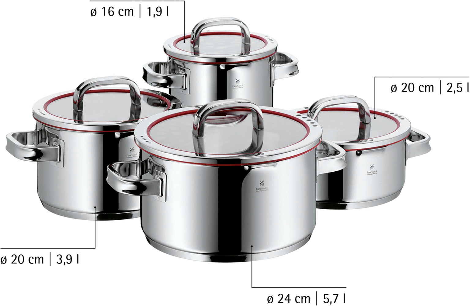 WMF Topf-Set »Function 4 Induktion, Glasdeckel mit 4 Abgießfunktionen« Set, 8 Stk. tlg. Cromargan® Edelstahl Rostfrei 18/10