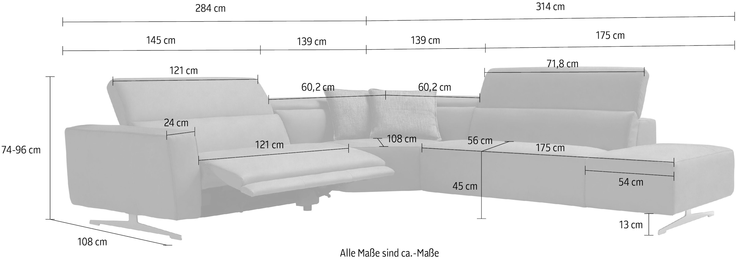 Egoitaliano Ecksofa »Stefanie-e, Designsofa der Extraklasse, bequem mit hohem Sitzkomfort« mit Relaxfunktion und verstellbaren Kopfteilelementen