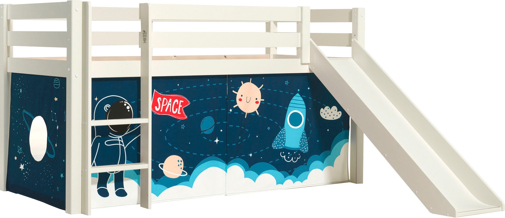 Vipack Spielbett »Pino, Kiefer massiv, mit Rolllattenrost u. Textil-Set, Made in Europe«, (B/H/T ca. 210x114x218cm, mit Absturzschutz, Leiter und Rutsche), verschiedene Textil-Designs und Holzfarben zur Wahl