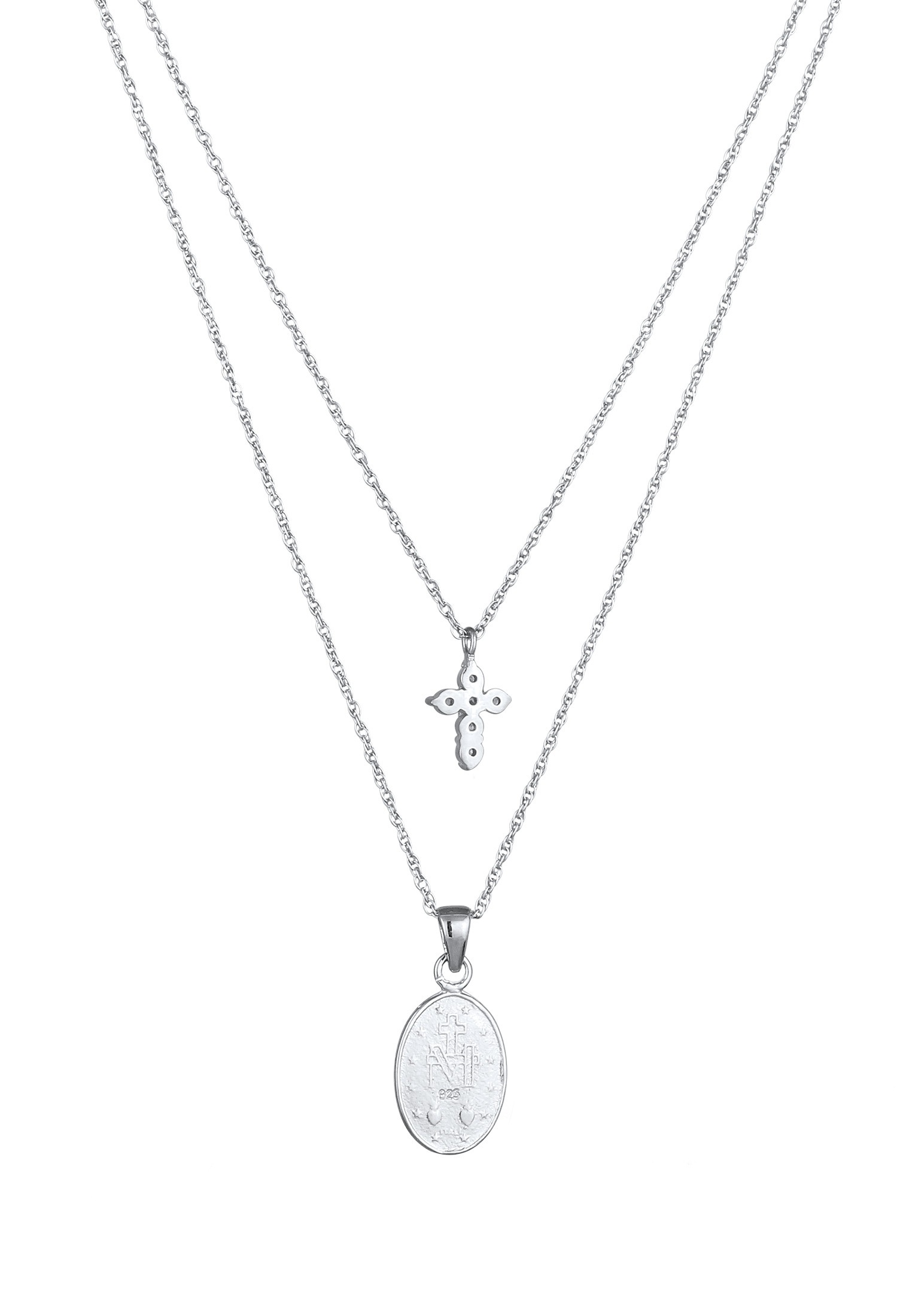 Elli Silberkette »Halskette Layer Marienbild Kreuz Zirkonia Weiß 925 Sterling Silber«