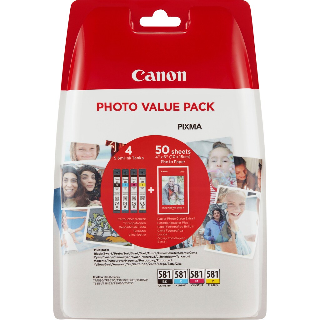 Canon Tintenpatrone »CLI-581 B/C/M/Y Tinten + Fotopapier – Value Pack«, (Spar-Set)