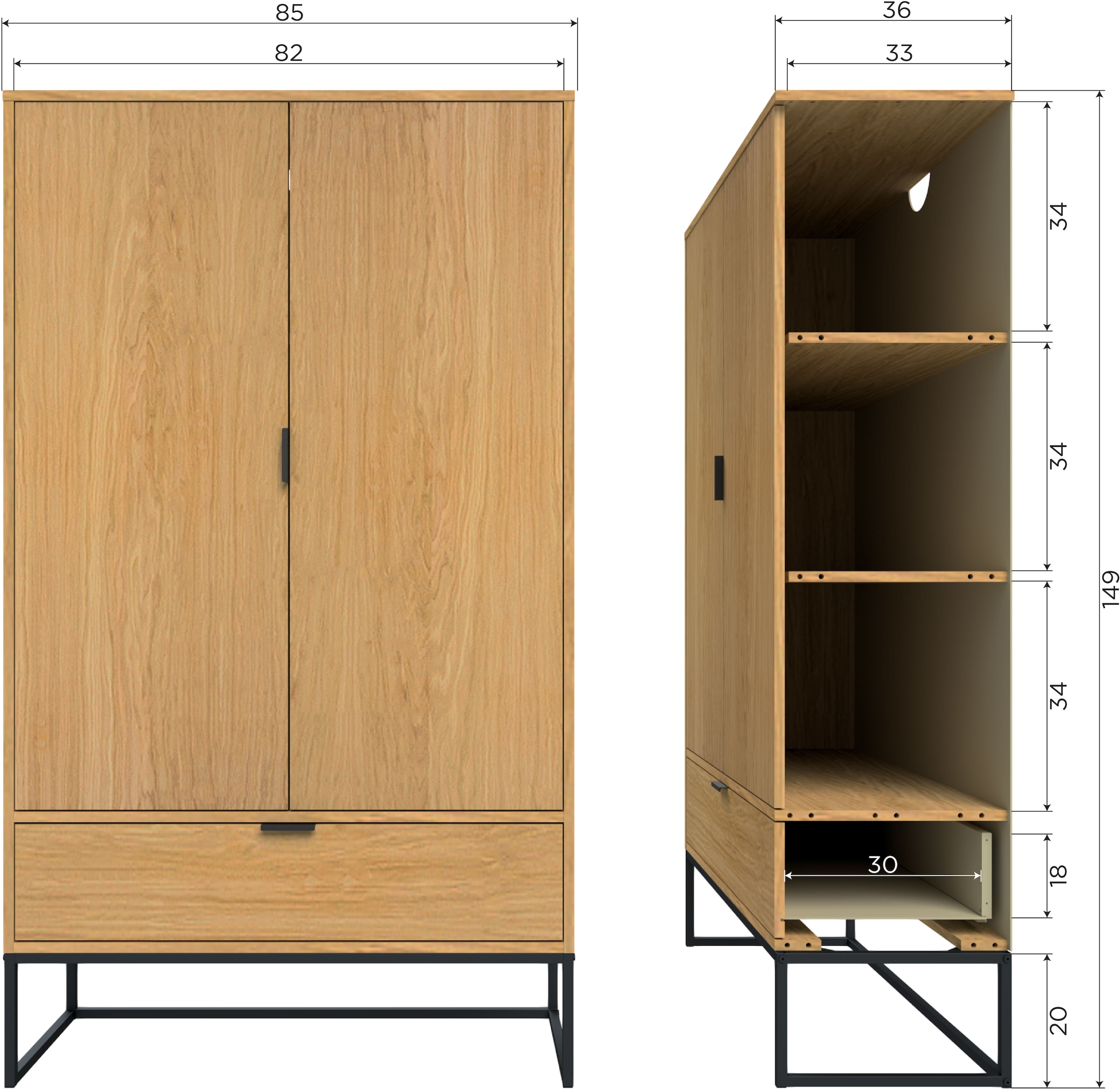 WOOOD Mehrzweckschrank »WOOOD SILAS 2-TÜREN SCHRANK EICHE DEKOR [fsc]« Silas Schrank aus Eichenmelamin auf Metall, 2 Türen und viel Stauraum
