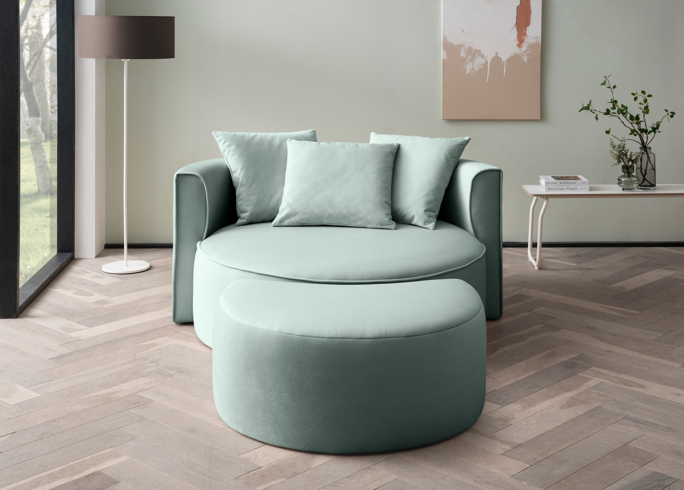 LeGer Home by Lena Gercke XXL-Sessel »ISALIE, Rundsessel mit Hocker, Lesesessel, Loveseat, Big-Sessel«, (Set), trendige Stoffe, 3 Zierkissen, große Sitzfläche, Cord, Samt, Bouclé