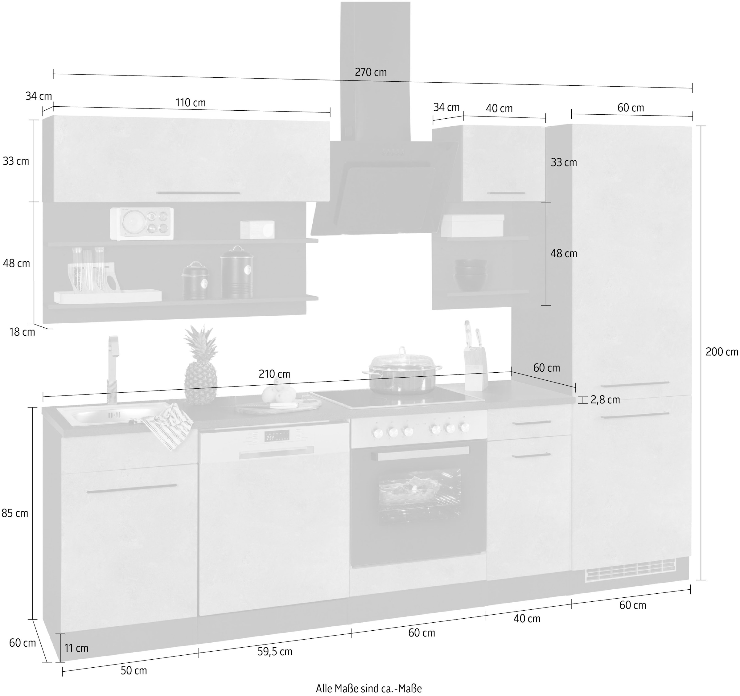 HELD MÖBEL Küchenzeile »Tulsa«, ohne E-Geräte, Breite 270 cm, schwarze Metallgriffe, MDF Fronten