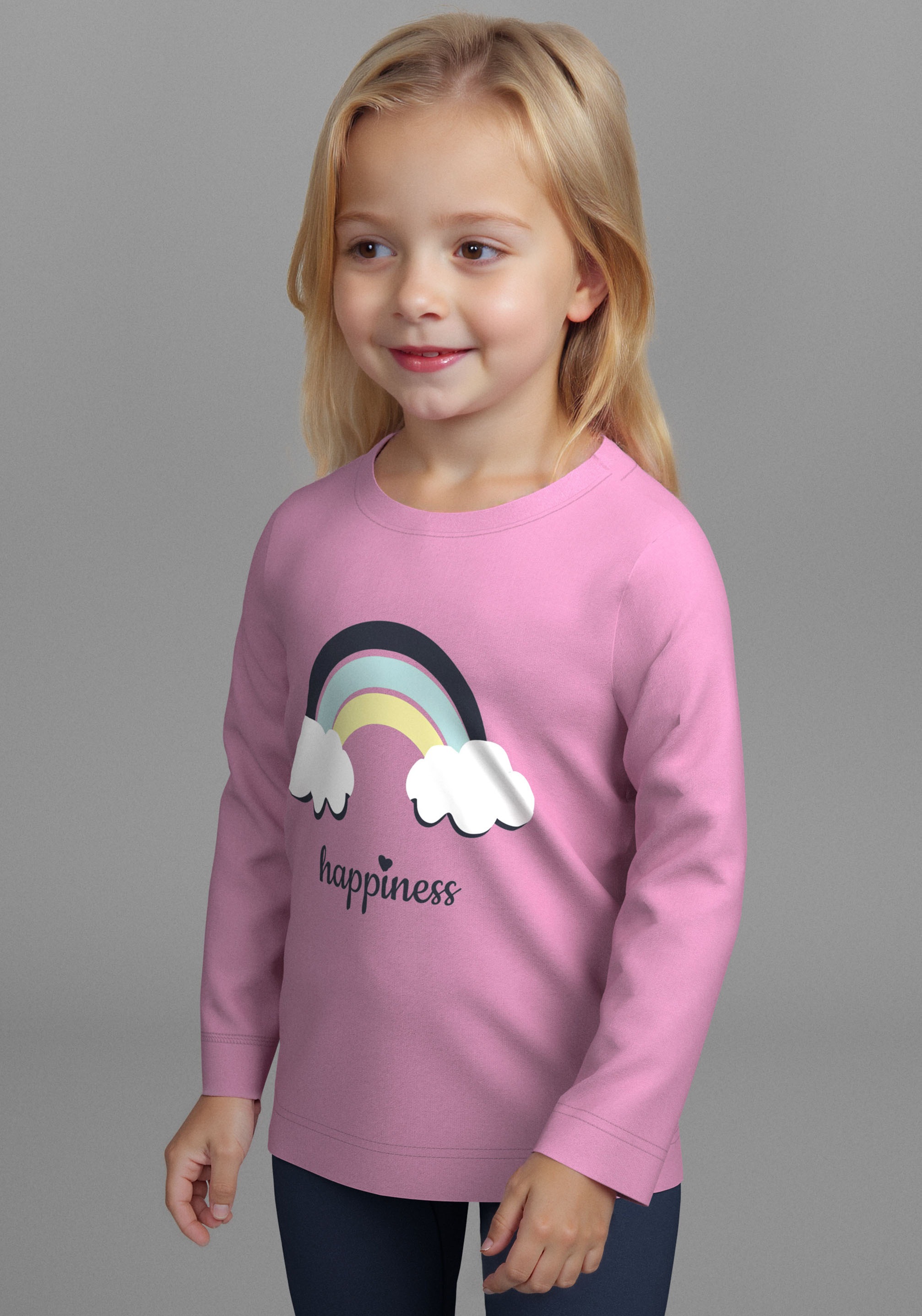 KIDSWORLD Langarmshirt »2er Pack 1x uni + 1x geringelt Langarmshirts«, (2 tlg.), 2er Pack Shirts mit Regenbogen und Ringel