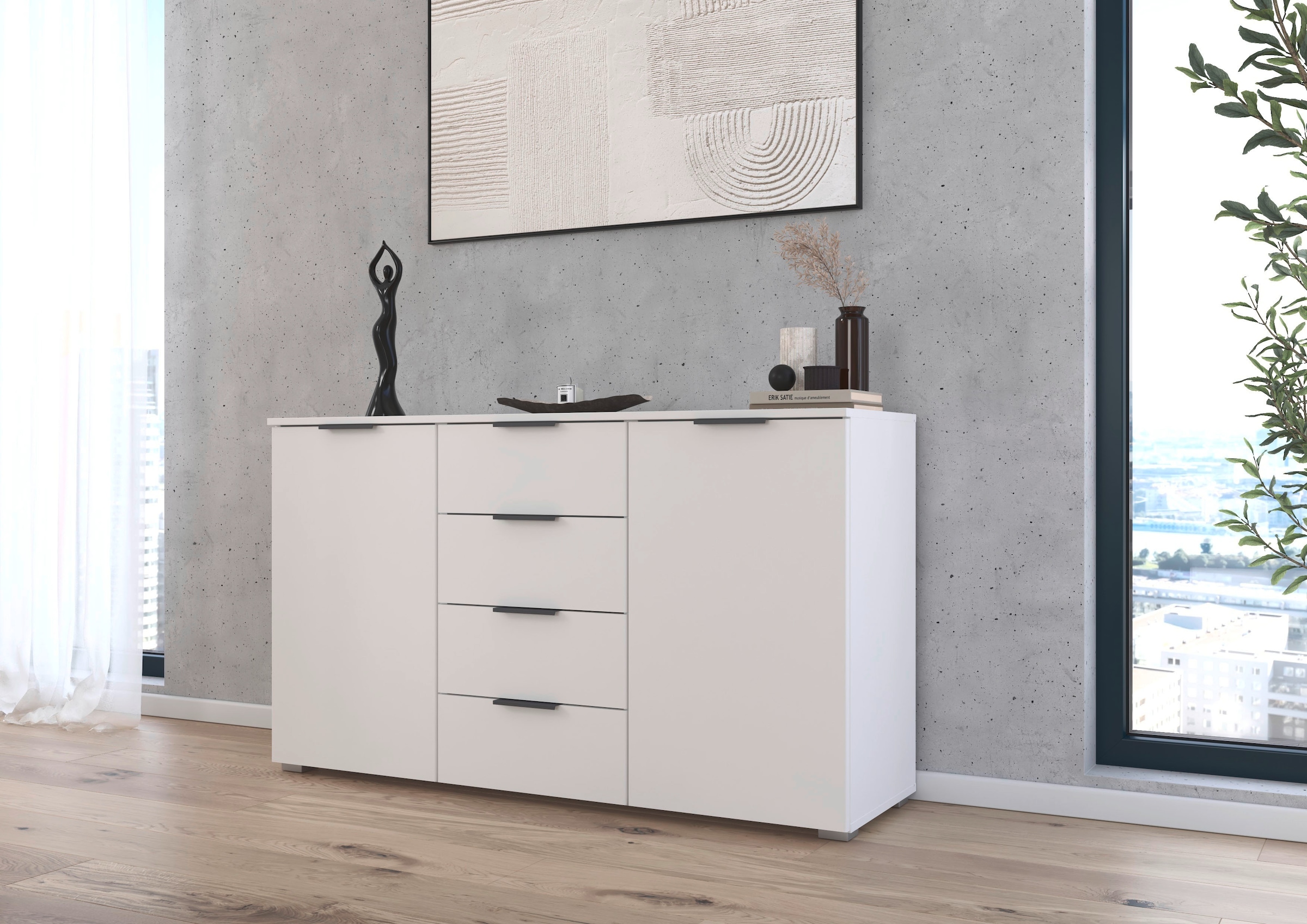 rauch Kombikommode »Sideboard Schubladenkommode AGORDO mit Dekor- oder Hochglanzfront«, (in zwei Griff-Farben, Breite 120 cm), vier große Schubladen, mit insgesamt 4 Einlegeböden MADE IN GERMANY