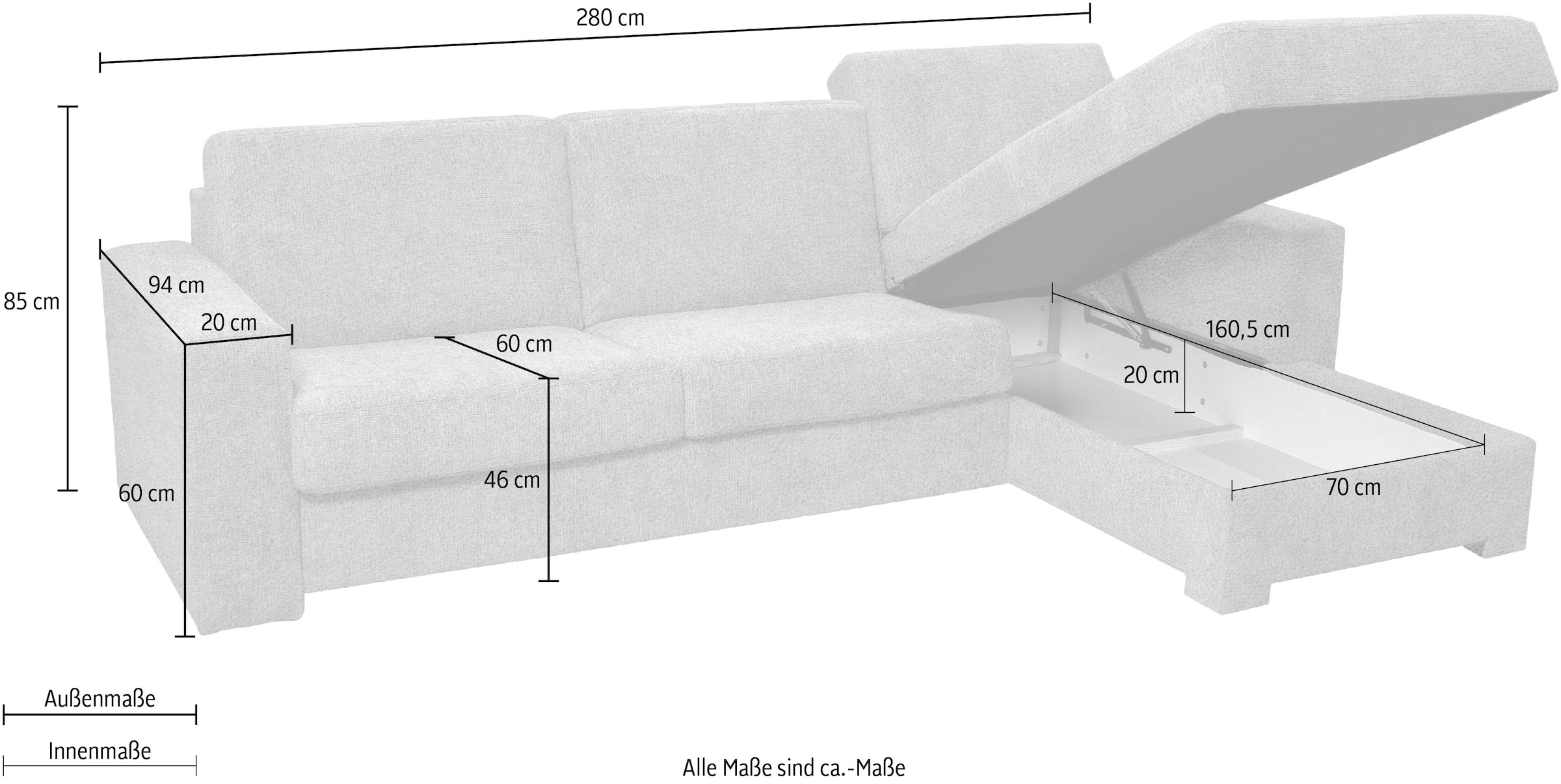 Home affaire Ecksofa »Roma "M" Matratzenhöhe 14 cm, Dauerschlaffunktion, mit Unterfederung,«, Liegemaße ca 143x198 cm, L-Form