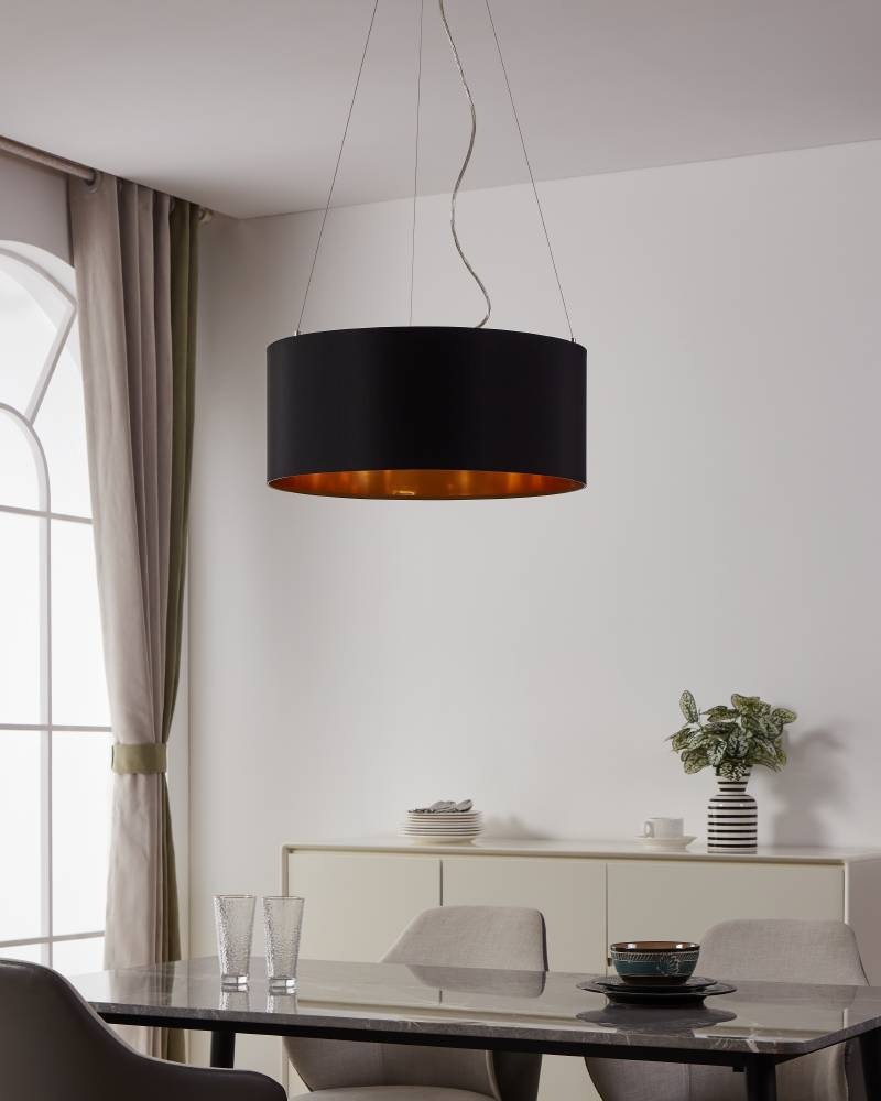 EGLO Hängeleuchte »MASERLO Hängelampe, schwarz, gold, silber, Stoff, elegant, modern«, 3 flammig, Leuchtmittel E27 | Leuchtmittel wechselbar-ohne Leuchtmittel, Pendelleuchte, Pendellampe, Wohnzimmer, Esszimmer, gemütlich, 110x53cm