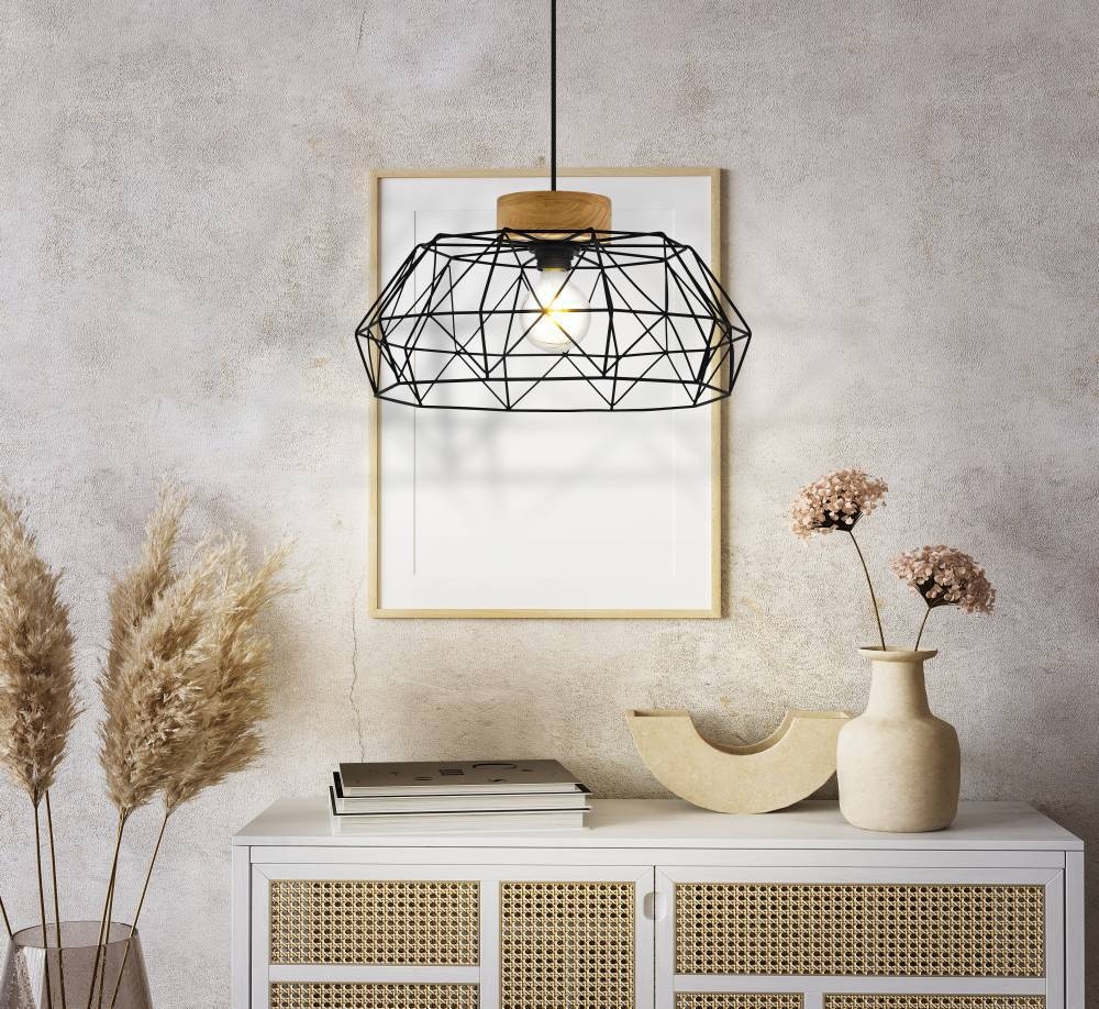 EGLO Hängeleuchte »PADSTOW Hängelampe, Stahl und Holz, E27, IP20, Esszimmerlampe, Lampe«, 1 flammig, Leuchtmittel E27 | ohne Leuchtmittel, Hängeleuchte, Esszimmer, H110 x Ø45,5 cm, schwarz, natur, 1X60W exkl.