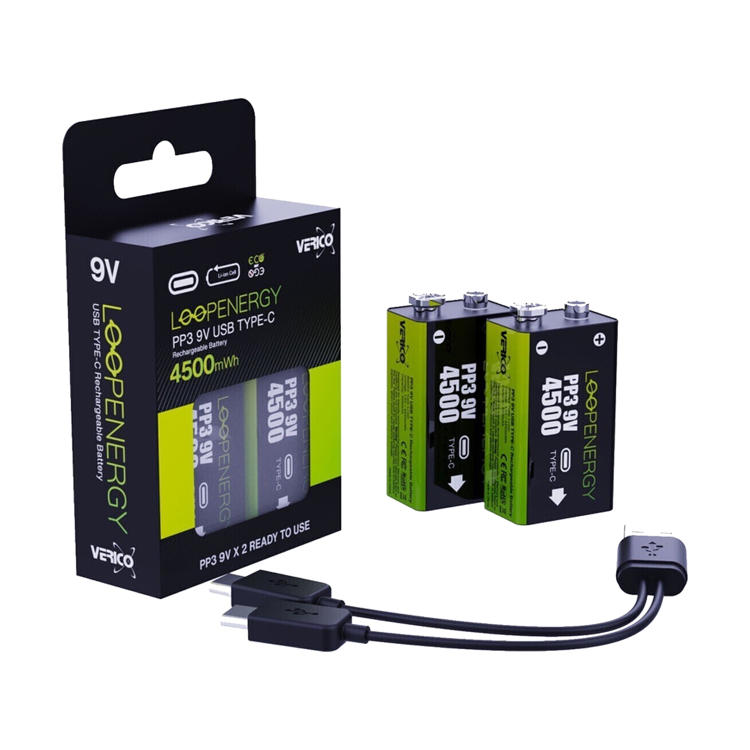 Verico Batterie »Loopenergy 9V (Block)«, 1,5 V, (2 St.), USB-C Kabel im Lieferumfang