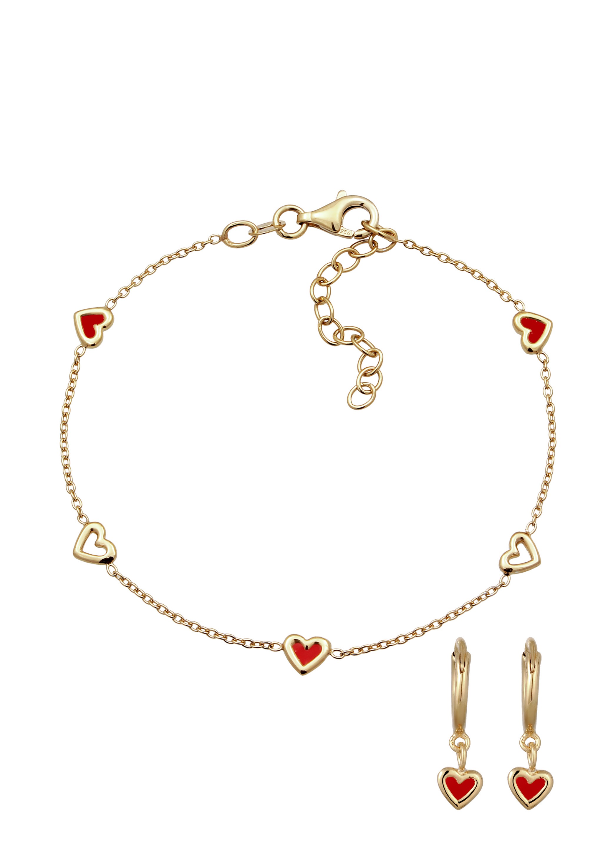 Elli Ohrring und Ketten Set »Schmuckset Herz Emaille Rot 925 Sterling Silber vergoldet« ()