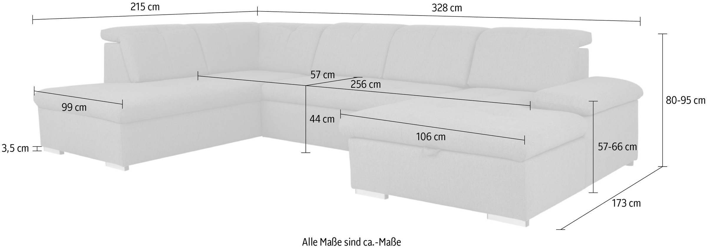 Home affaire Wohnlandschaft »KARDA B/T/H: 328/215/95 cm, Liegefläche 256/126 cm«, verstellbare Kopfstützen und Armlehne, U-form, Bettkasten, Federkern