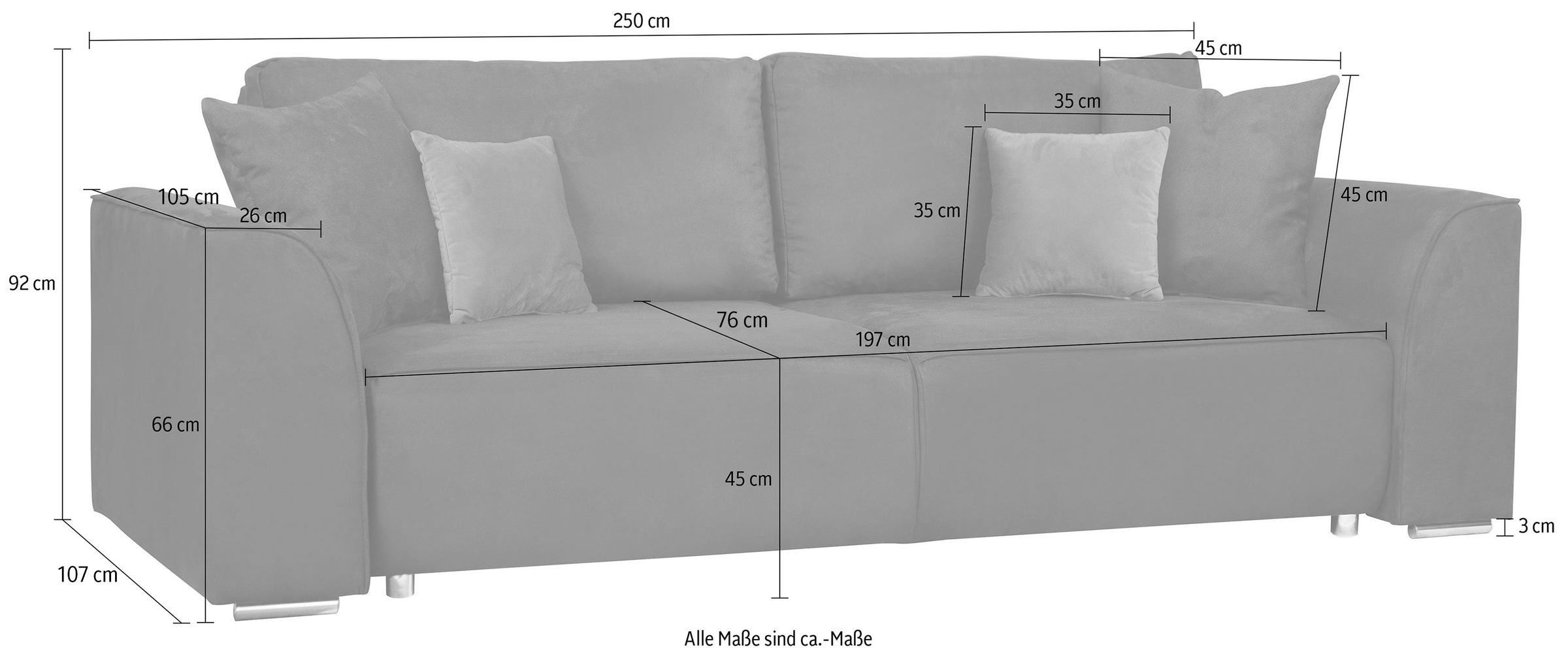 INOSIGN 3-Sitzer Beatrice Schlafsofa, wahlweise auch mit Bettfunktion und Bettkasten, incl. 2 Zierkissen