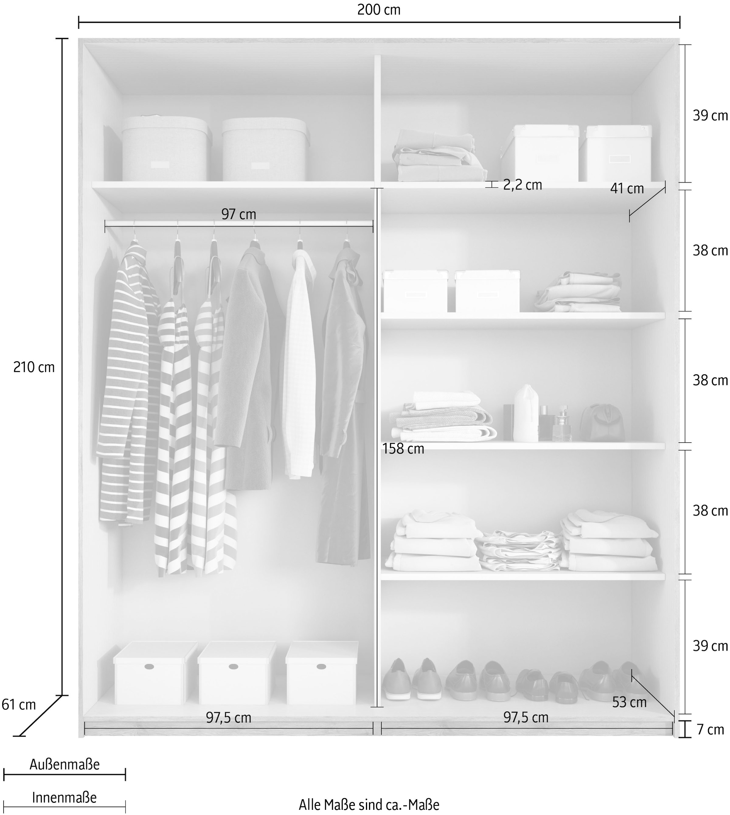 Home affaire Schwebetürenschrank »Galaxy Kleiderschrank, Wäscheschrank 200, 220 oder 270cm breit«, INKLUSIVE kompletter Innenausstattung, Metallgriffe und Glasfront