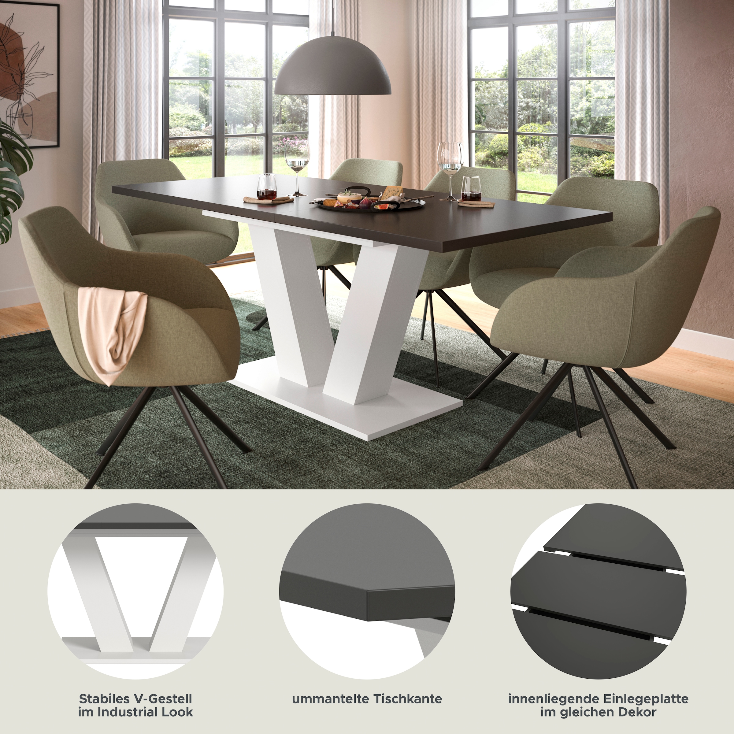 INOSIGN Esstisch »Motus, ausziehbar 150 -190 cm, inklusive 40 cm Einlegeplatte«, (Set, 1 St.), V-Gestell mit Bodenplatte, Tisch, Küchentisch, Esszimmer, Küche
