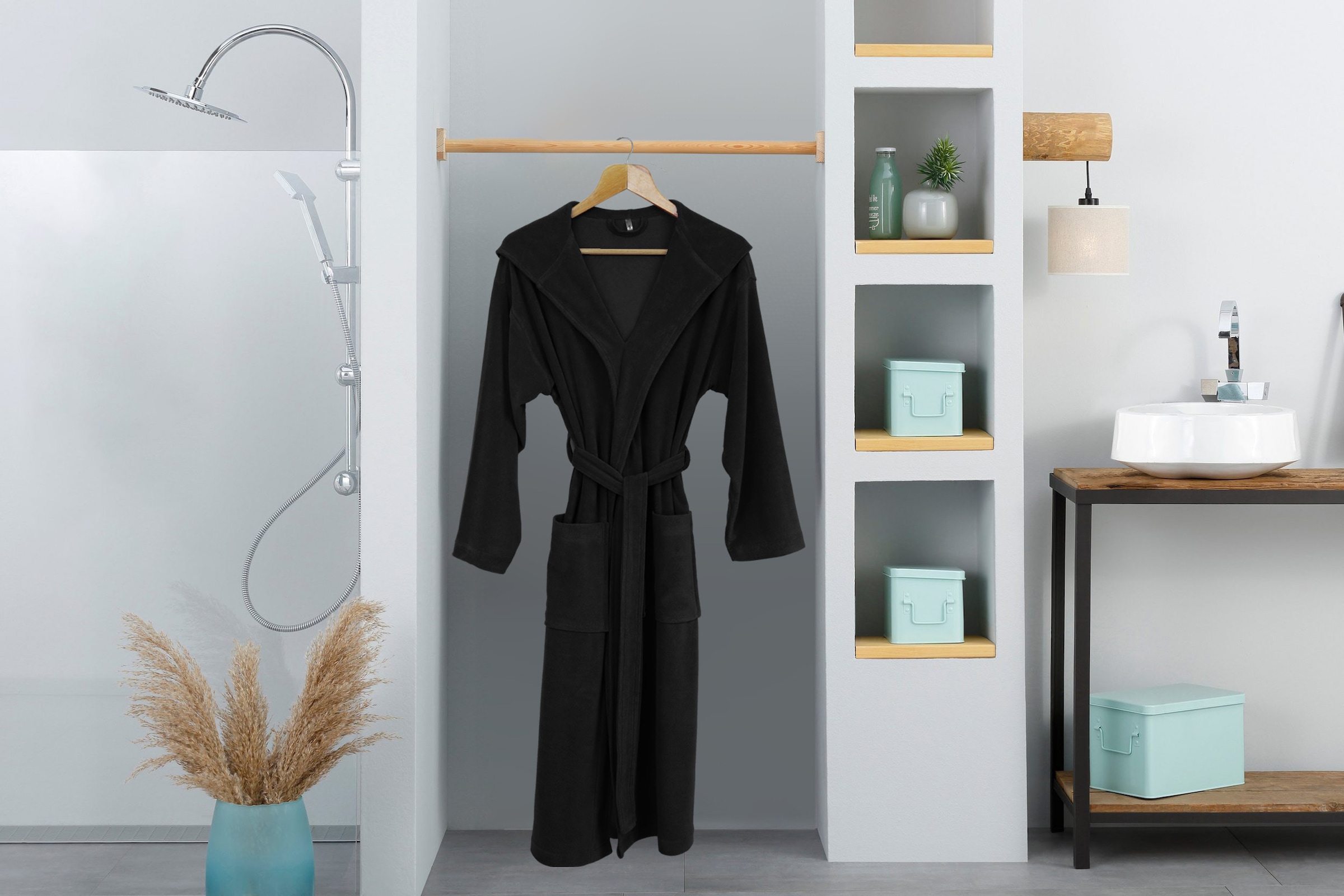 my home Herrenbademantel »Sina, ideal für Sauna & Spa, Hotelbademantel, Morgenmantel«, (1 St.), einfarbiger Bademantel, lang, hoher Baumwollanteil, S-4XL