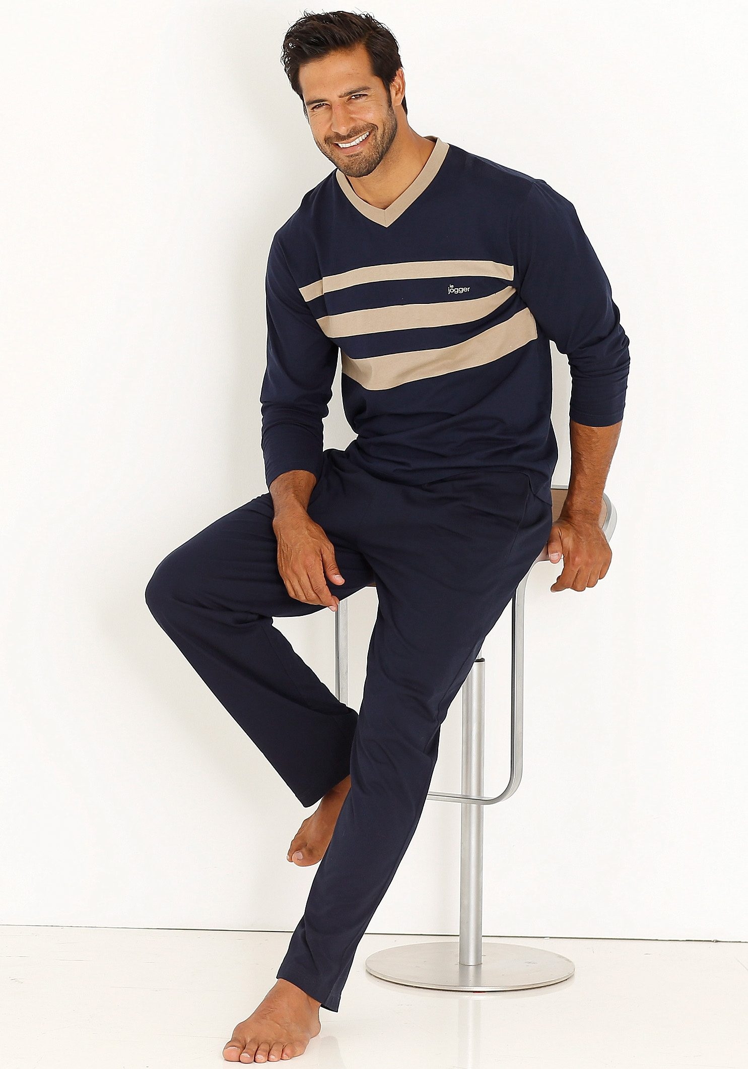 le jogger® Pyjama, (Packung, 4 tlg., 2 Stück), Schlafanzug mit kontrastfarbigen Einsätzen vorn