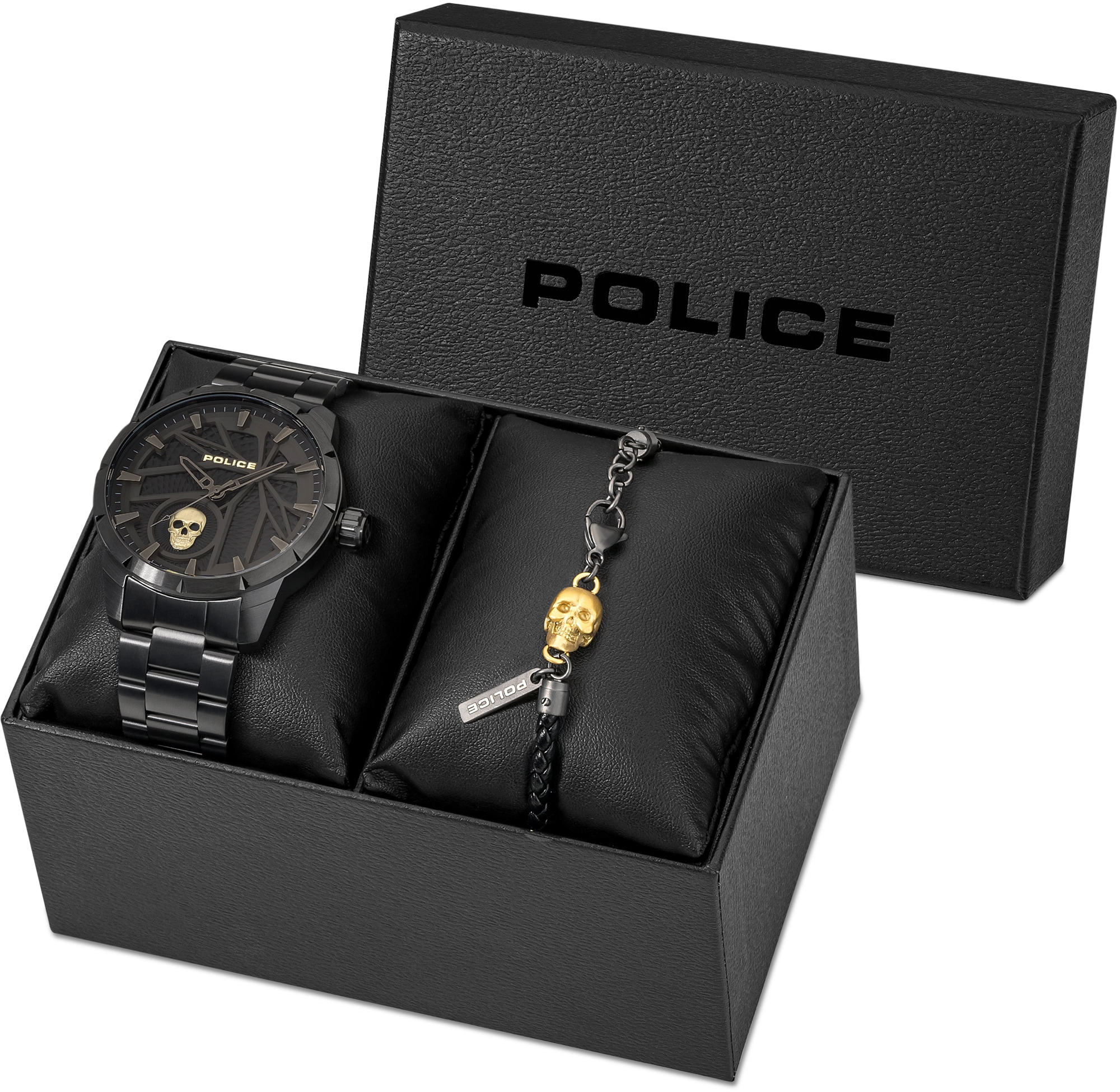Police Quarzuhr »NEIST (SKULL), PEWJG2227301-SETA«, (Set, 2 tlg., mit Schmuckarmband), Armbanduhr, Herrenuhr