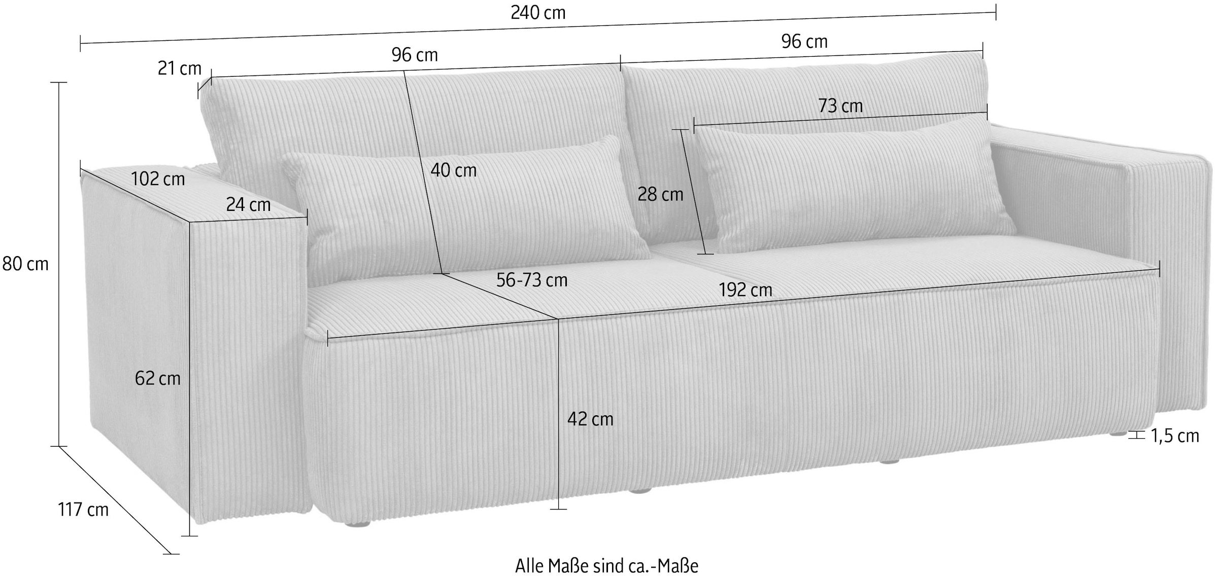 OTTO home 3-Sitzer »Tillian, Schlafsofa, Schlafcouch« Breite 240 cm, Breitkord, Sitzfläche mit Taschenfederkern