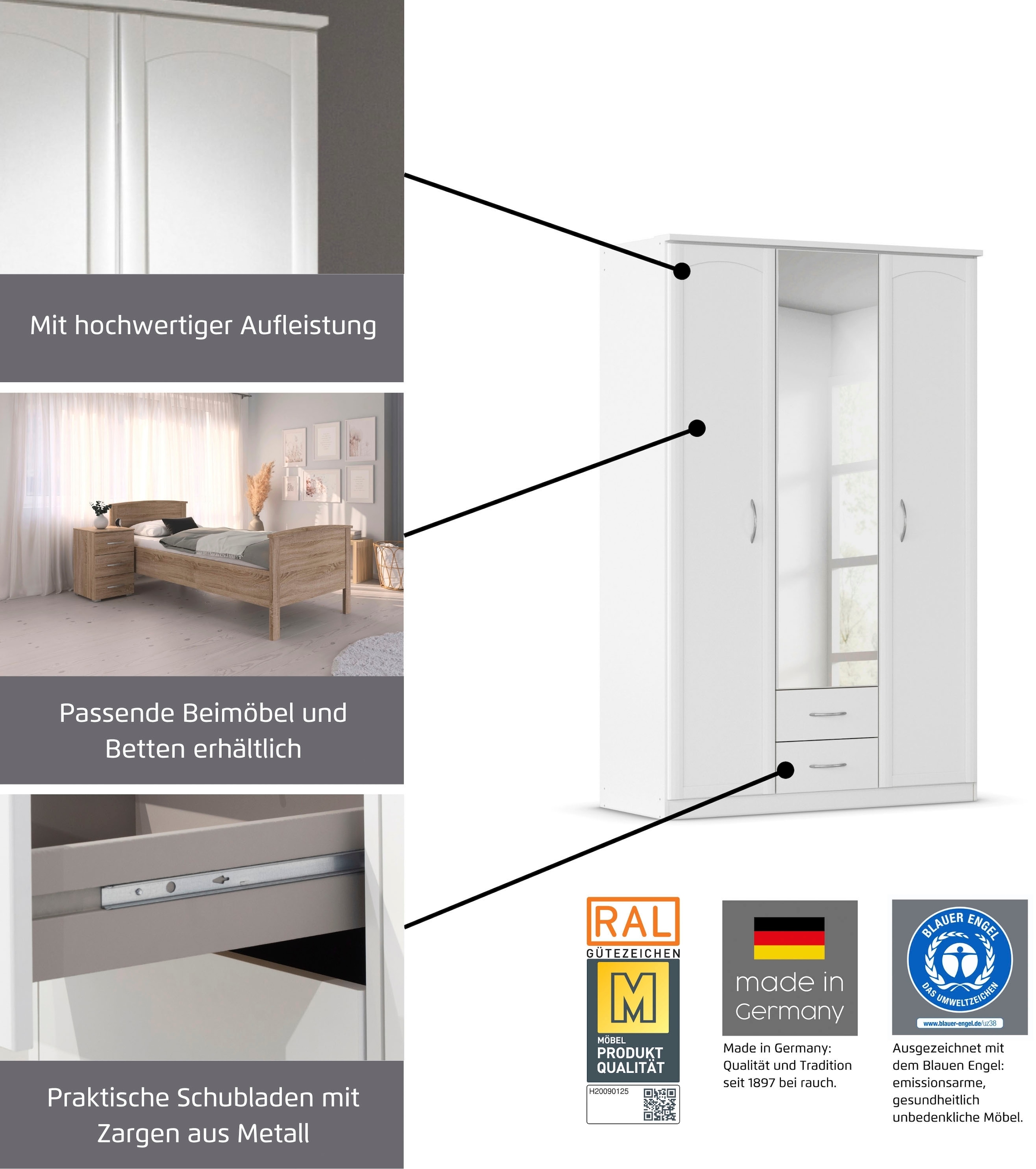 rauch Kleiderschrank »Schrank Garderobe Garderobenschrank Putzschrank Wäscheschrank TORRENT« Breiten 91/136/181 cm, Höhe 210 cm,  optional Außenschubladen und Spiegel, viel Stauraum MADE IN GERMANY