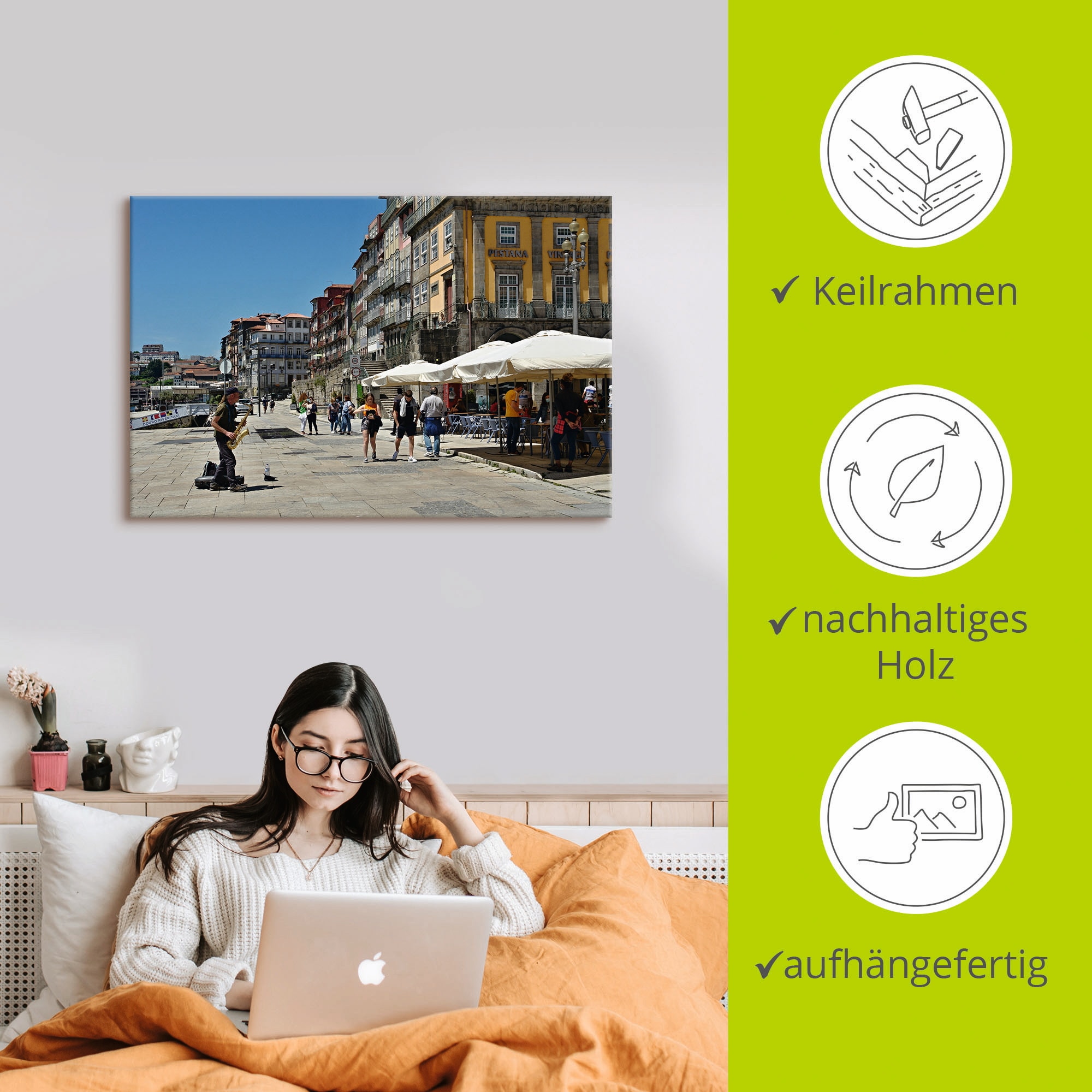 Artland Leinwandbild »Porto - Zona Ribeira - Portugal«, Bilder von Europa, (1 St.), auf Keilrahmen gespannt