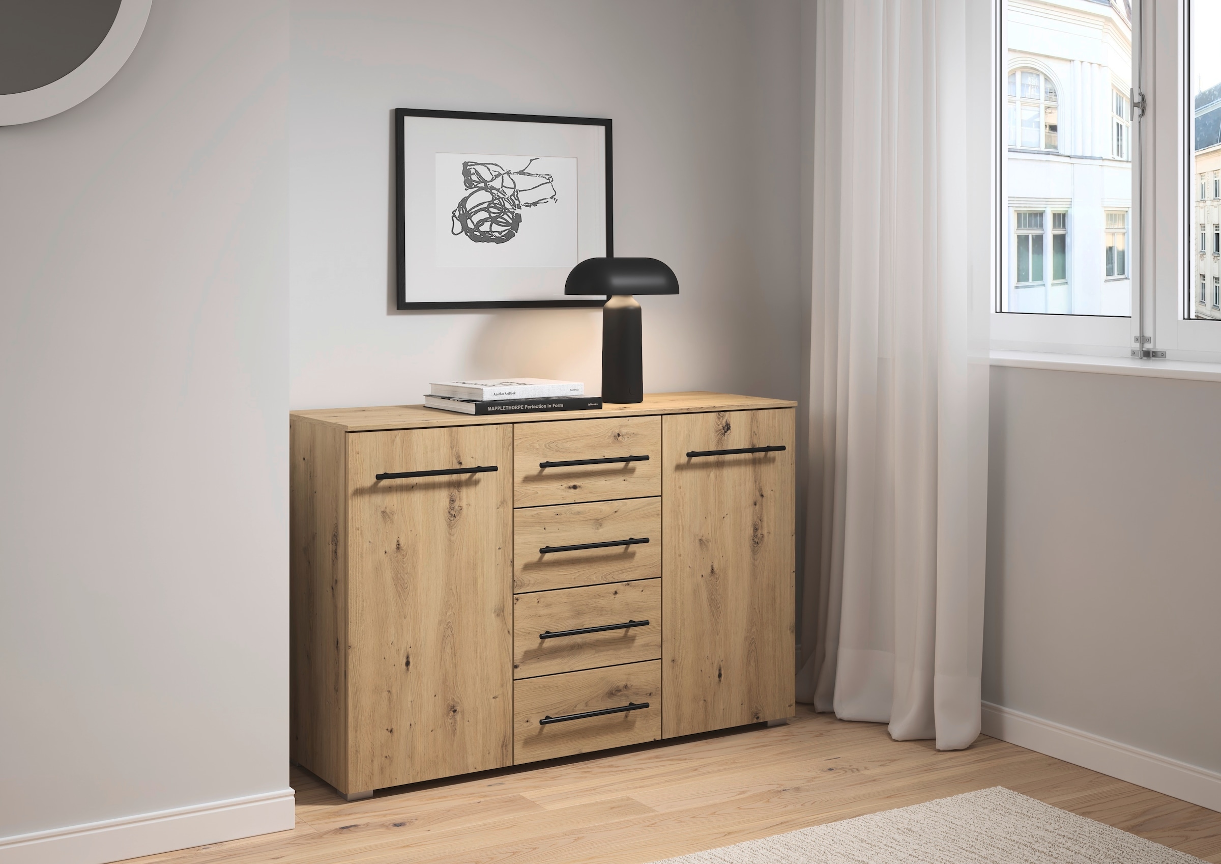rauch Kombikommode »Sideboard Schubladenkommode AVOLA mit Dekorfront« Breite 120 cm inkl. Soft-Close-Funktion,  vier große Schubladen und 2 Türen, mit 4 Einlegeböden MADE IN GERMANY