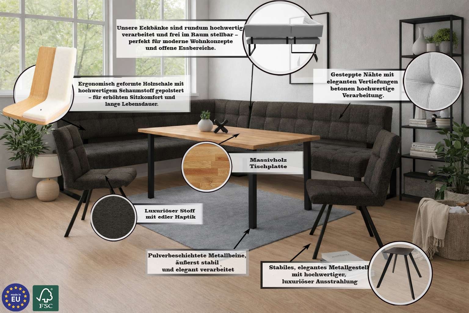 Home affaire Eckbankgruppe »Mia Essecke, Sitzgruppe, Eckbankgruppe, Küchenbankgruppe« Set, 4er, 4 tlg. Eckbank mit Wellenfederung; Tisch in Eiche massiv