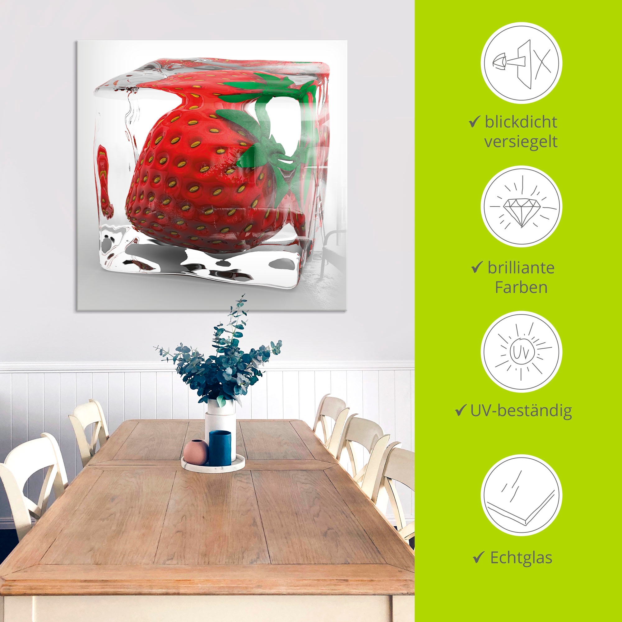 Artland Glasbild »Erdbeere in Eis« Lebensmittel 1 Stk. tlg. in verschiedenen Größen