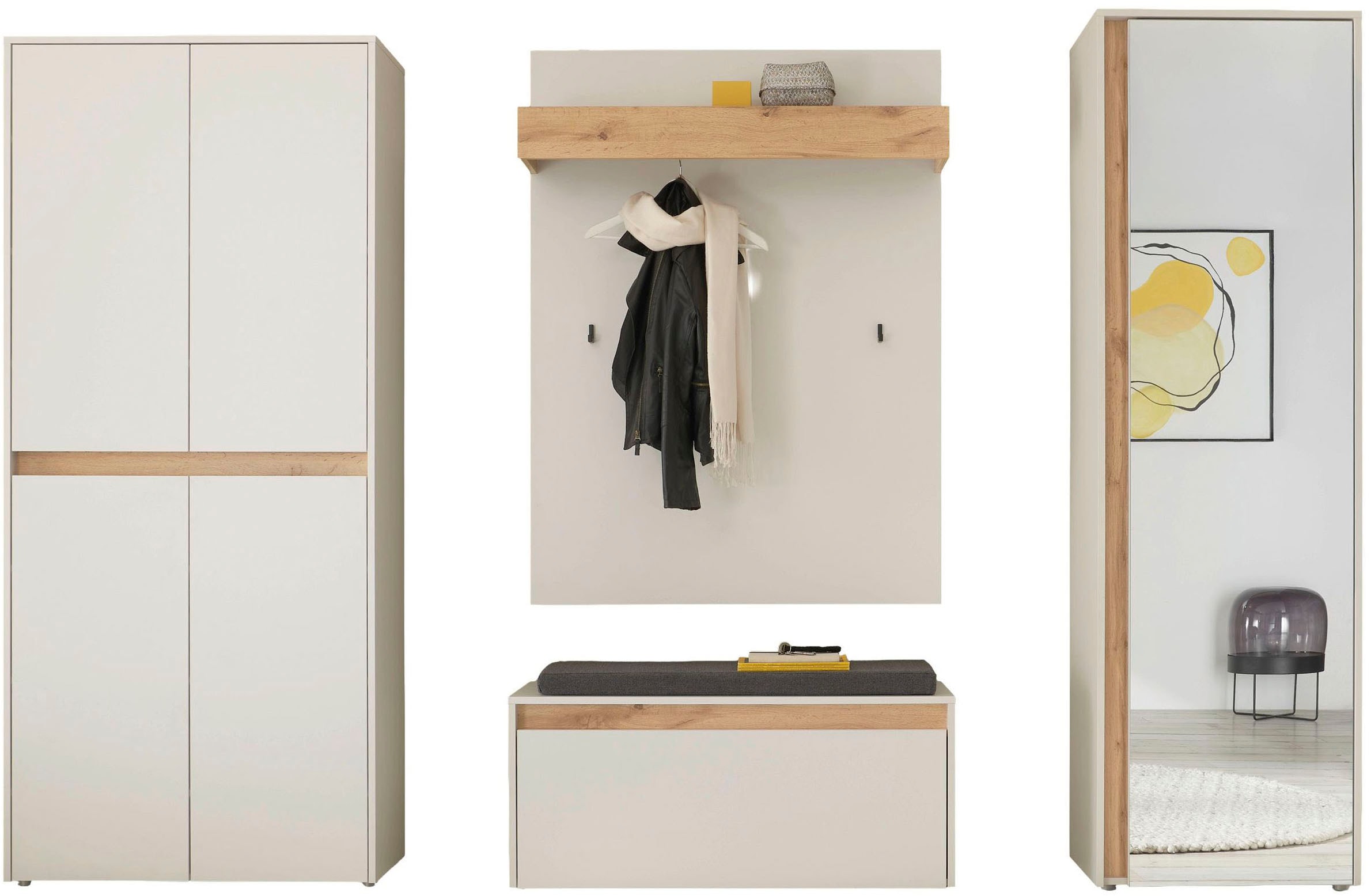 INOSIGN Garderoben-Set »City/Giron, moderne Garderobe, viel Stauraum, ca. 40 Schuhe«, (Set, 4 St.), enthält Schrank mit Spiegel, Schuhschrank, Paneel &Bank inkl. Kissen