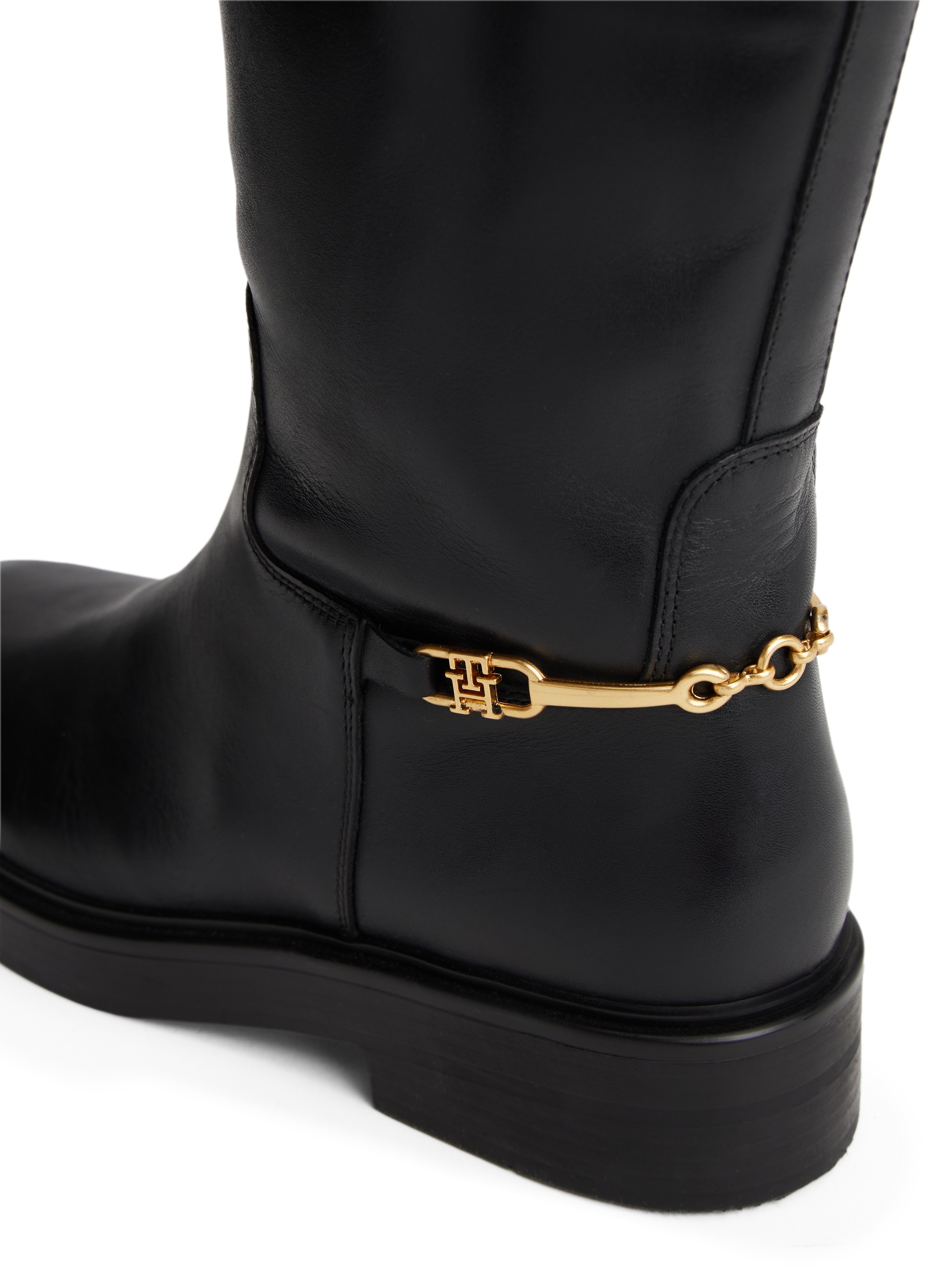 Tommy Hilfiger Stiefel »TH HORSEBIT RIDING LONG BOOT«  , Blockabsatz, Langschaftstiefel, goldfarbene Zierkette an der Ferse