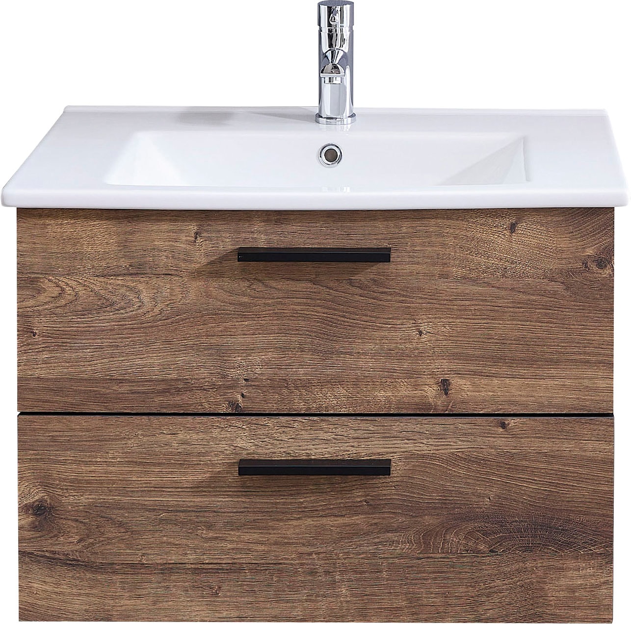 Saphir Badmöbel-Set »Quickset 374 Keramik-Waschtisch mit Unterschrank, 75 cm breit«, (1 St.), Waschplatz mit 2 Schubladen, Eiche Ribbeck quer Nachbildung