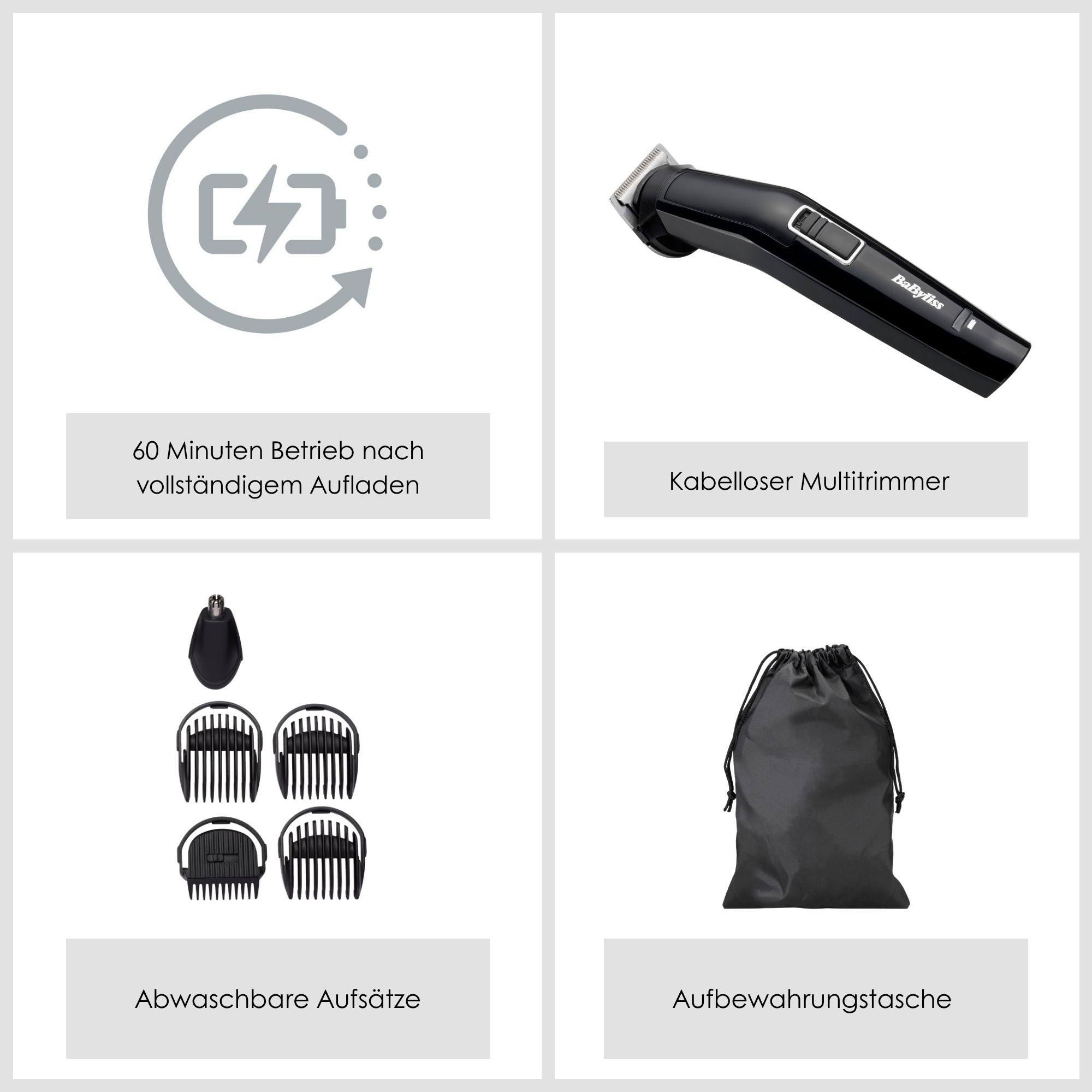 BaByliss Multifunktionstrimmer »BaByliss 6-in-1 Multigrooming Trimmer, Edelstahlklingen, MT725E« 6 Aufsätze 6 Stylingfunktionen, 4 Kammaufsätze, kabelloses Grooming-Set
