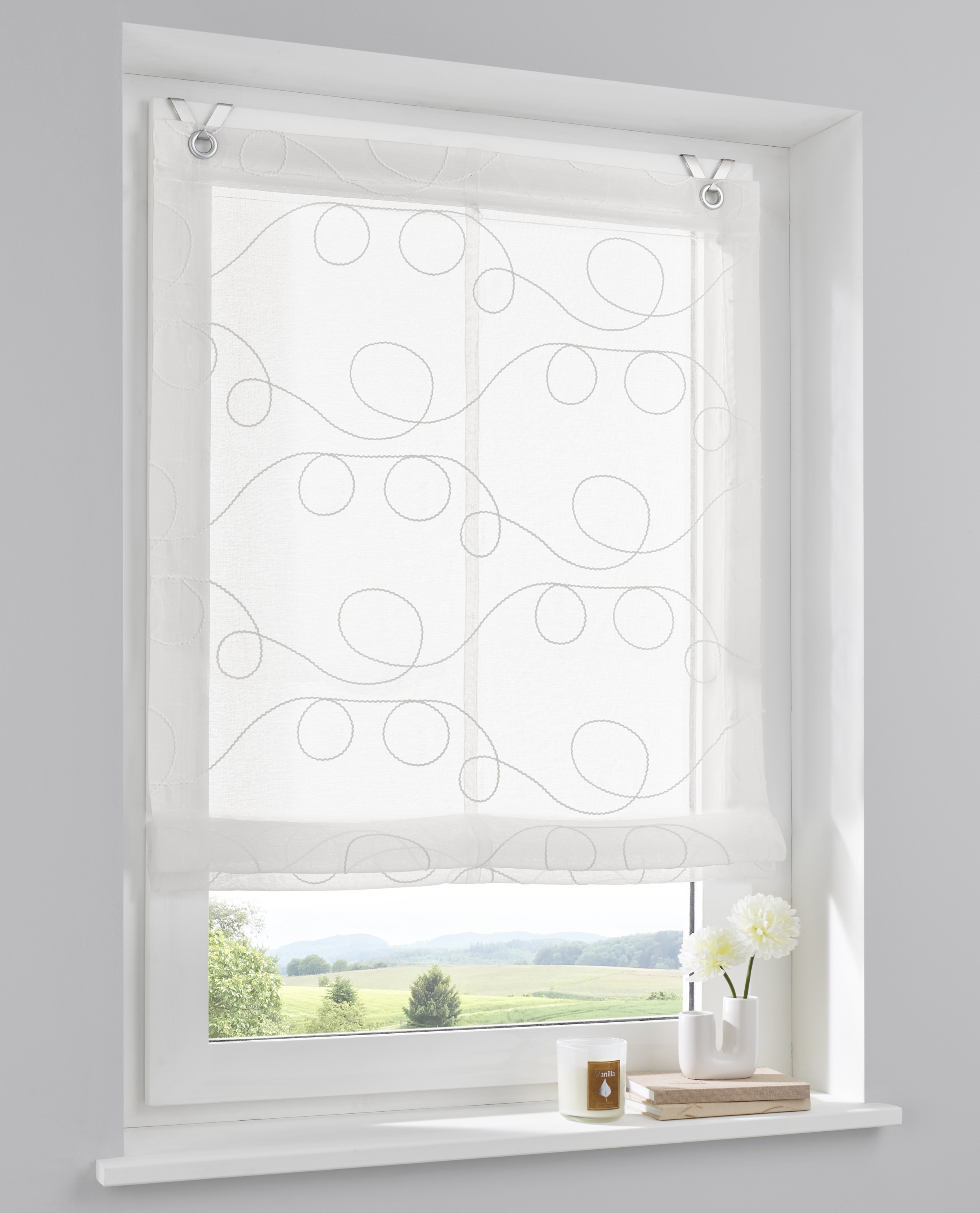 Kutti Raffrollo »Jasmin« mit Hakenaufhängung ohne Bohren einfarbig, bestickt, matt, Polyester, pflegeleicht, mit Fensterhaken in weiß