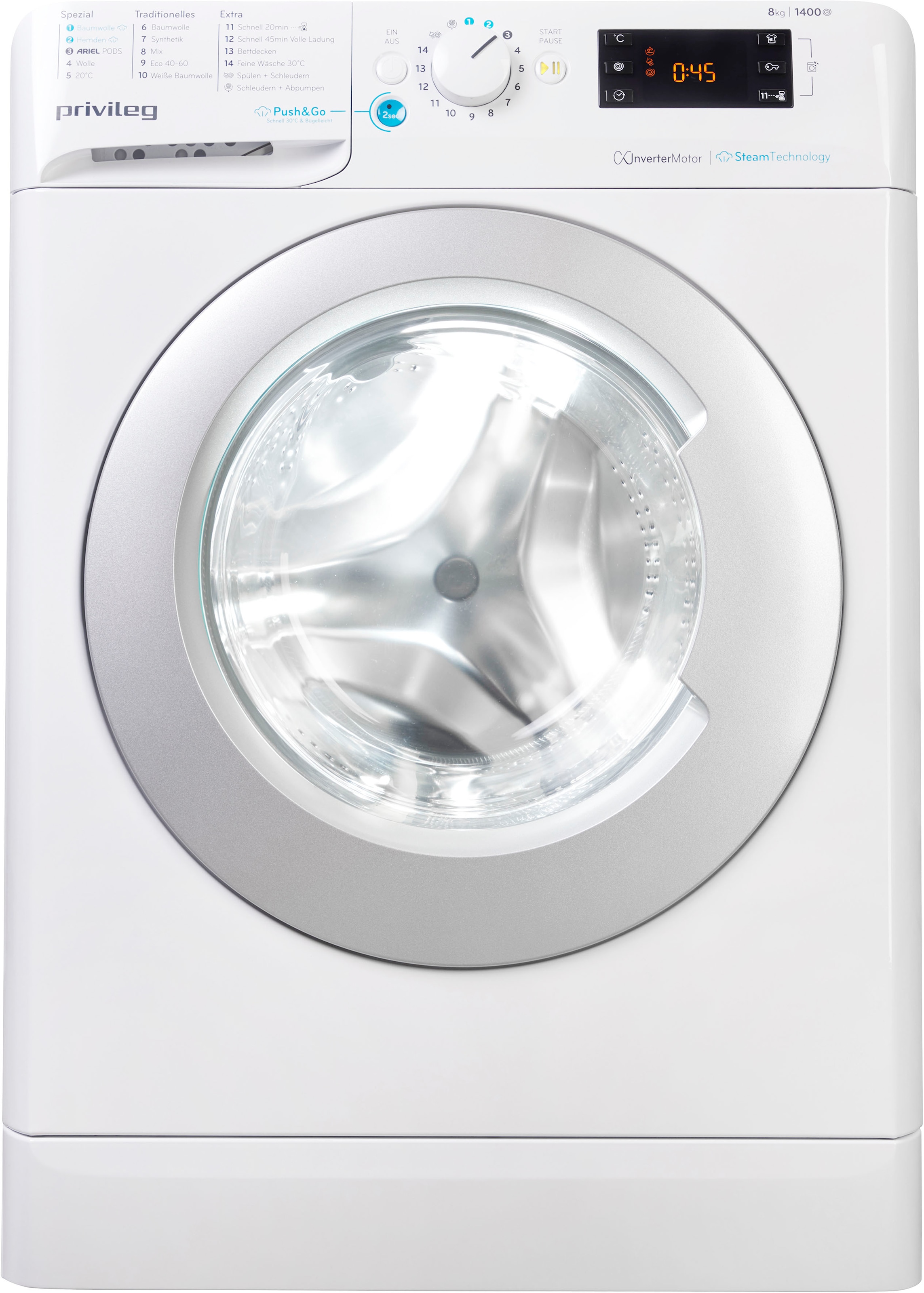 Privileg Waschmaschine »PWFV X 853 A«, 8 kg, 1400 U/min, Dampf-Programme für Baumwolle und Hemden – glättet die Fasern
