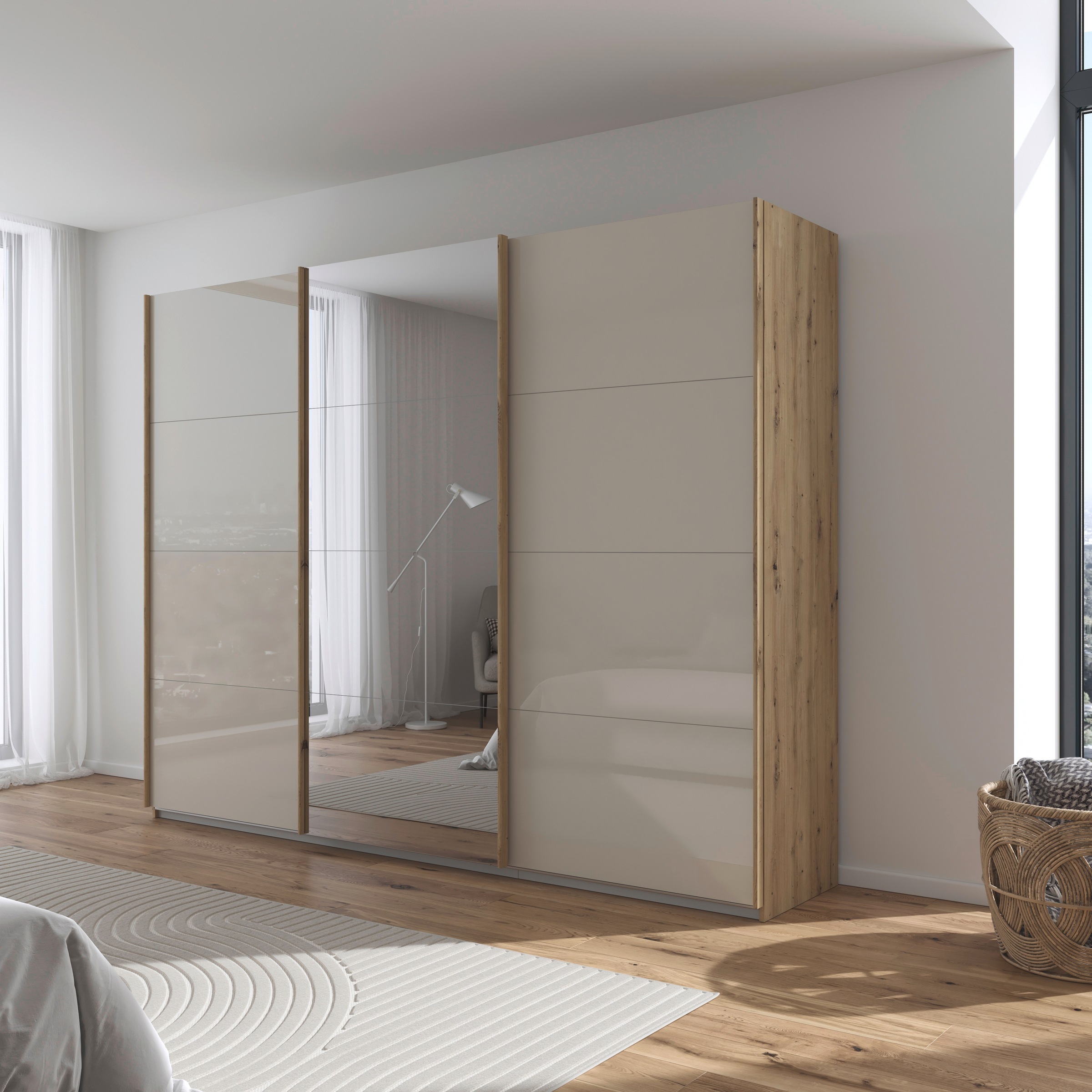 rauch Schwebetürenschrank »Kleiderschrank Kleiderschränke Schrank Garderobe AGORDO mit Glasfront«, durchdachte Innenausstattung, in 4 Breiten und 2 Höhen MADE IN GERMANY
