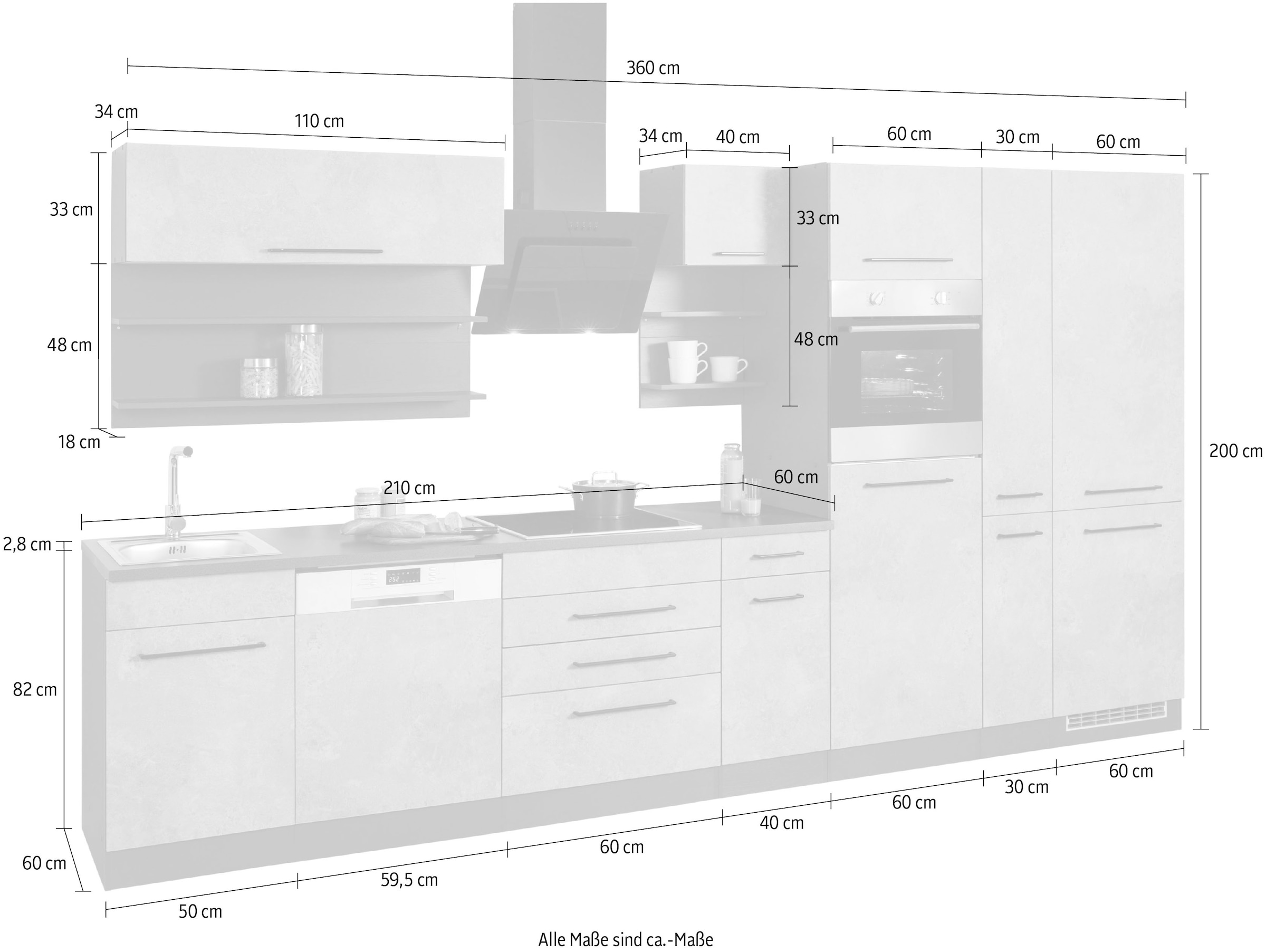 HELD MÖBEL Küchenzeile »Tulsa«, ohne E-Geräte, Breite 360 cm, schwarze Metallgriffe, MDF Fronten