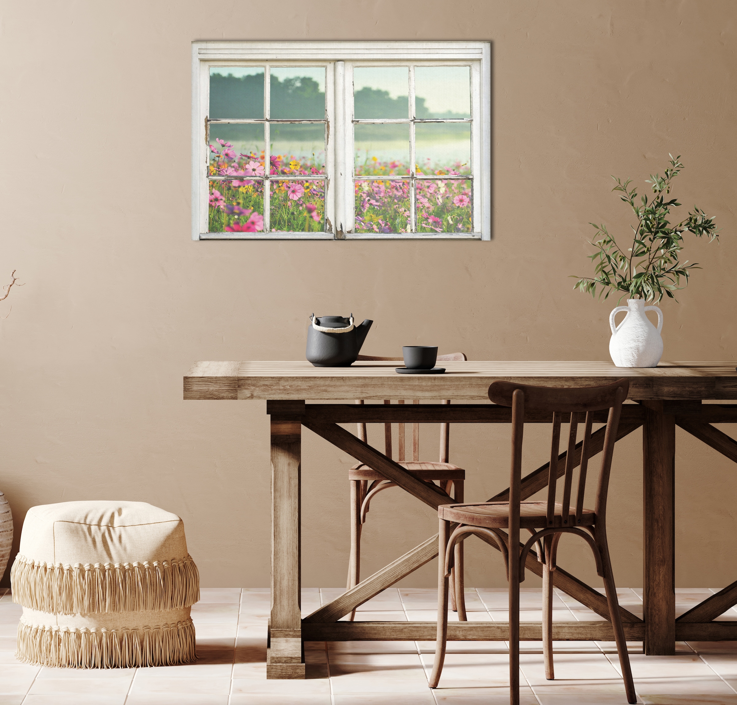 queence Leinwandbild »Blumenwiese«, Natur-Blumenwiese-Wiesen & Bäume-Fensterblick, (1 St.), Premium-Leinwandstoff