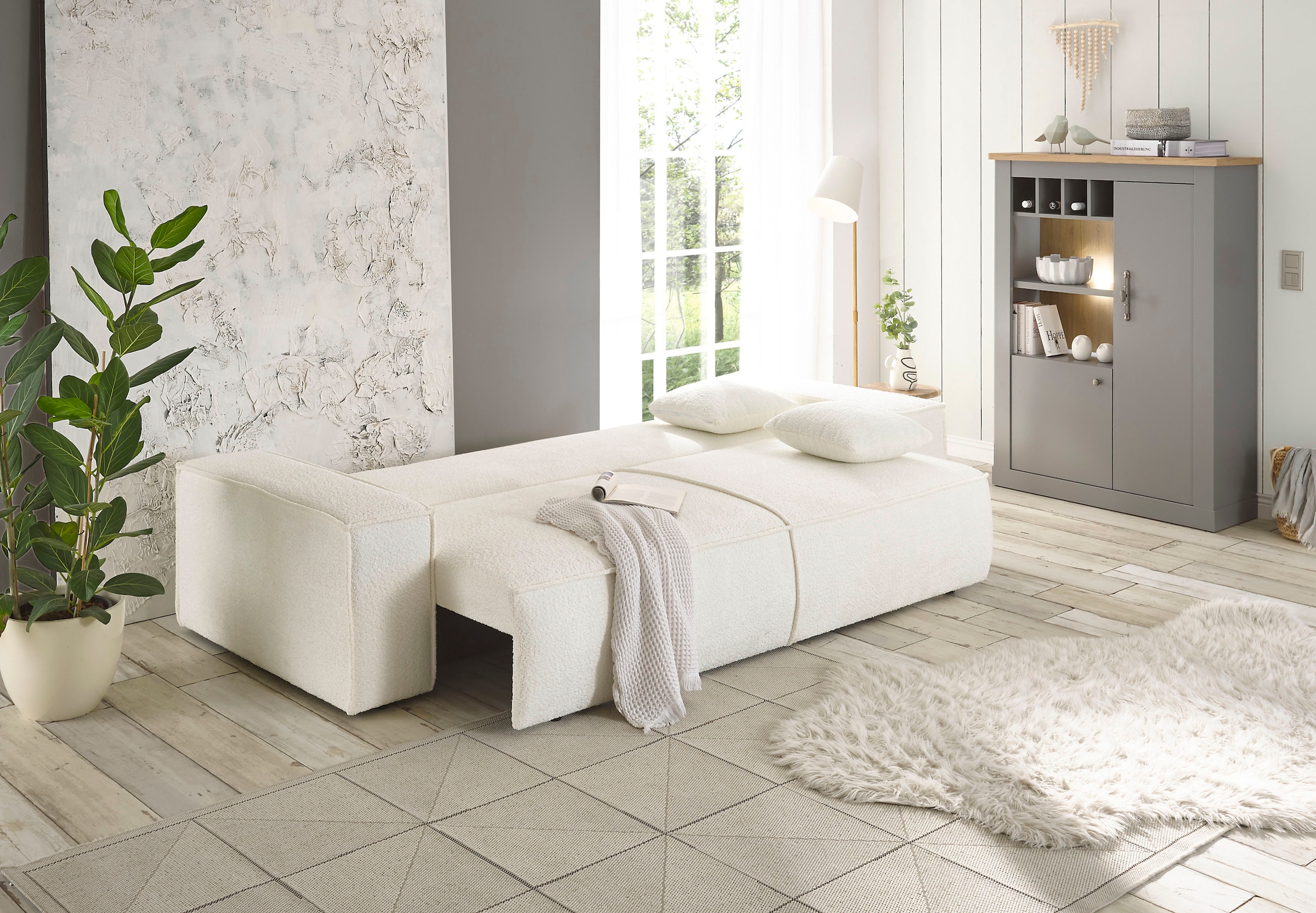 andas 3-Sitzer »FINNLEY Schlafsofa 257 cm, Schlaffunktion mit Bettkasten (200/136cm)«, in Aqua Clean-Bouclé, Struktur fein u. Cord