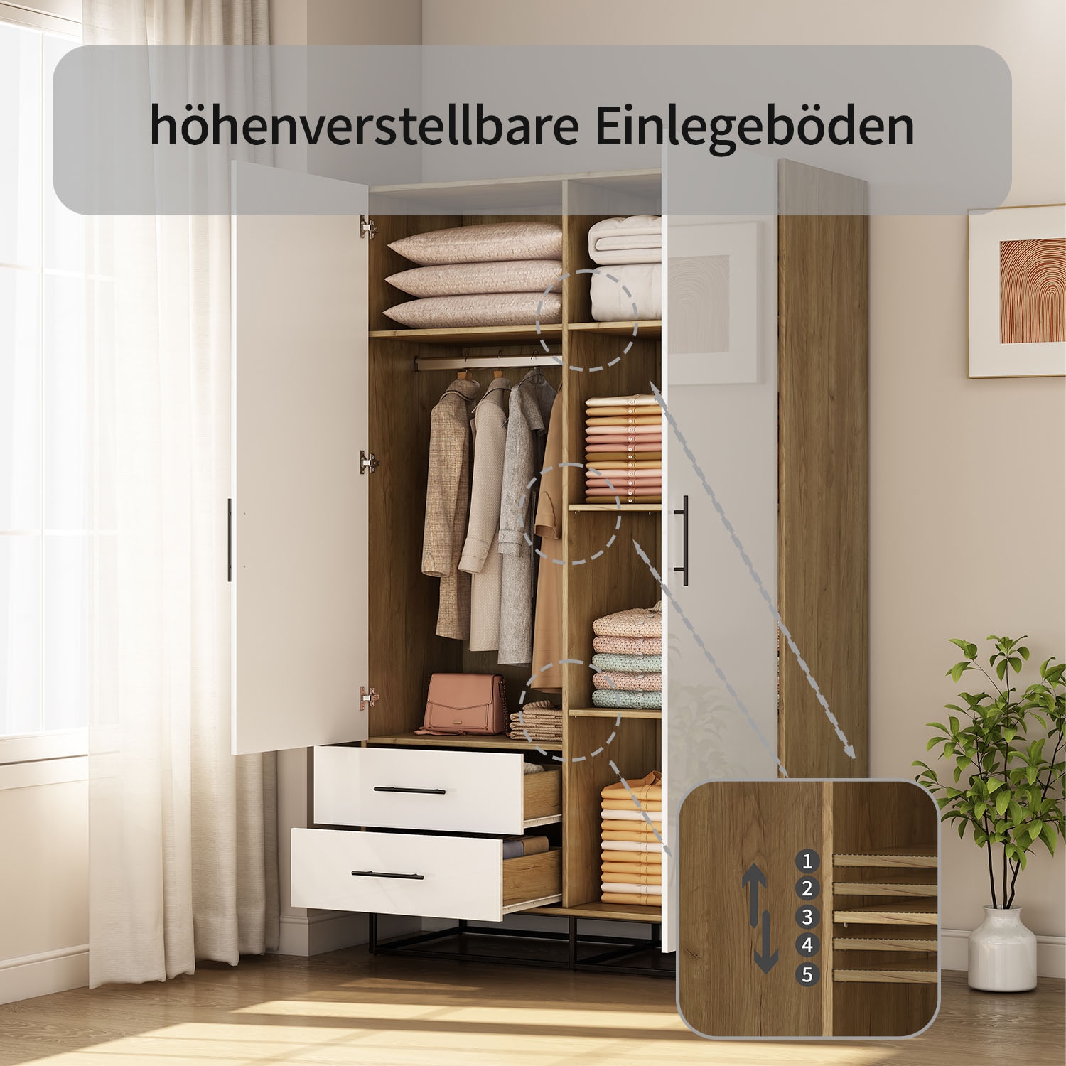 OTTO home Kleiderschrank »Lucca Schlafzimmerschrank Garderobe Hochglanz Bestseller« Hochwertige schwarze Griffe und Kufengestell aus Metall,  Schlafzimmerschrank mit 2 Türen und 2 Schubladen, Breite 120cm