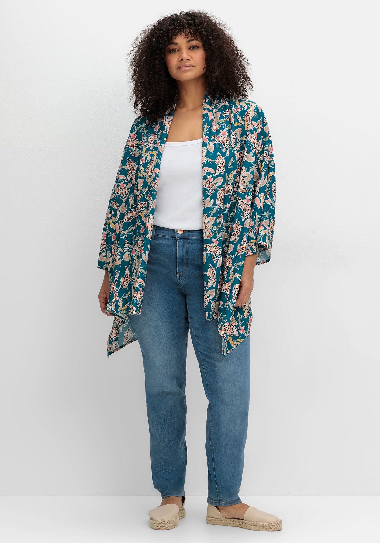 Sheego Longbluse »Blusenjacke im Kimono-Stil, mit Blumendruck«