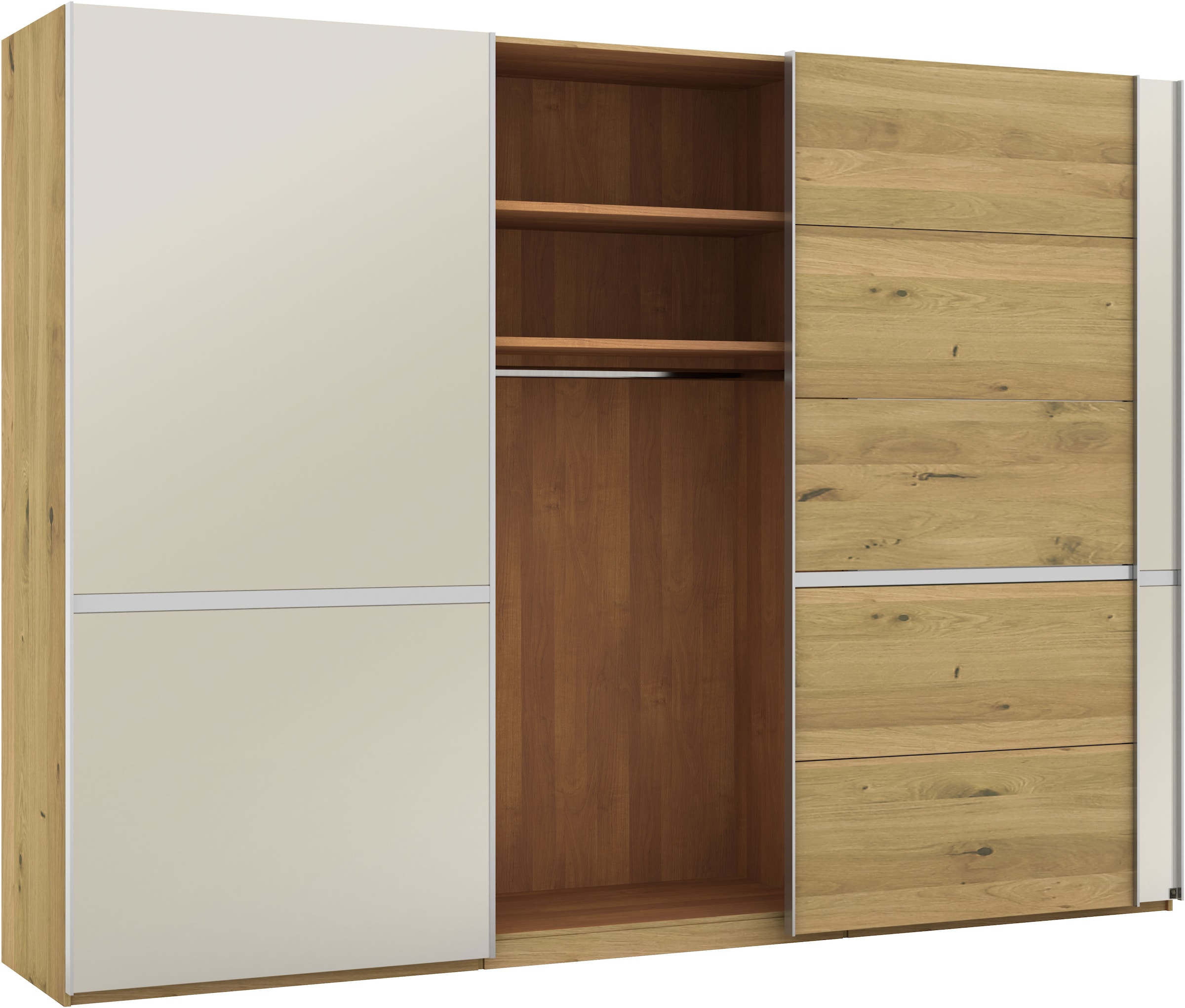Musterring Schwebetürenschrank »Savona, Kleiderschrank, Schrank, Garderobe, mit Schiebetüren«, (Teilmassiv Bianco-Eiche, mit Spiegel oder Glas, MADE IN GERMANY), Türen Bianco-Eiche massiv, Spiegel-/Glastüren, eingelegte Chromleiste