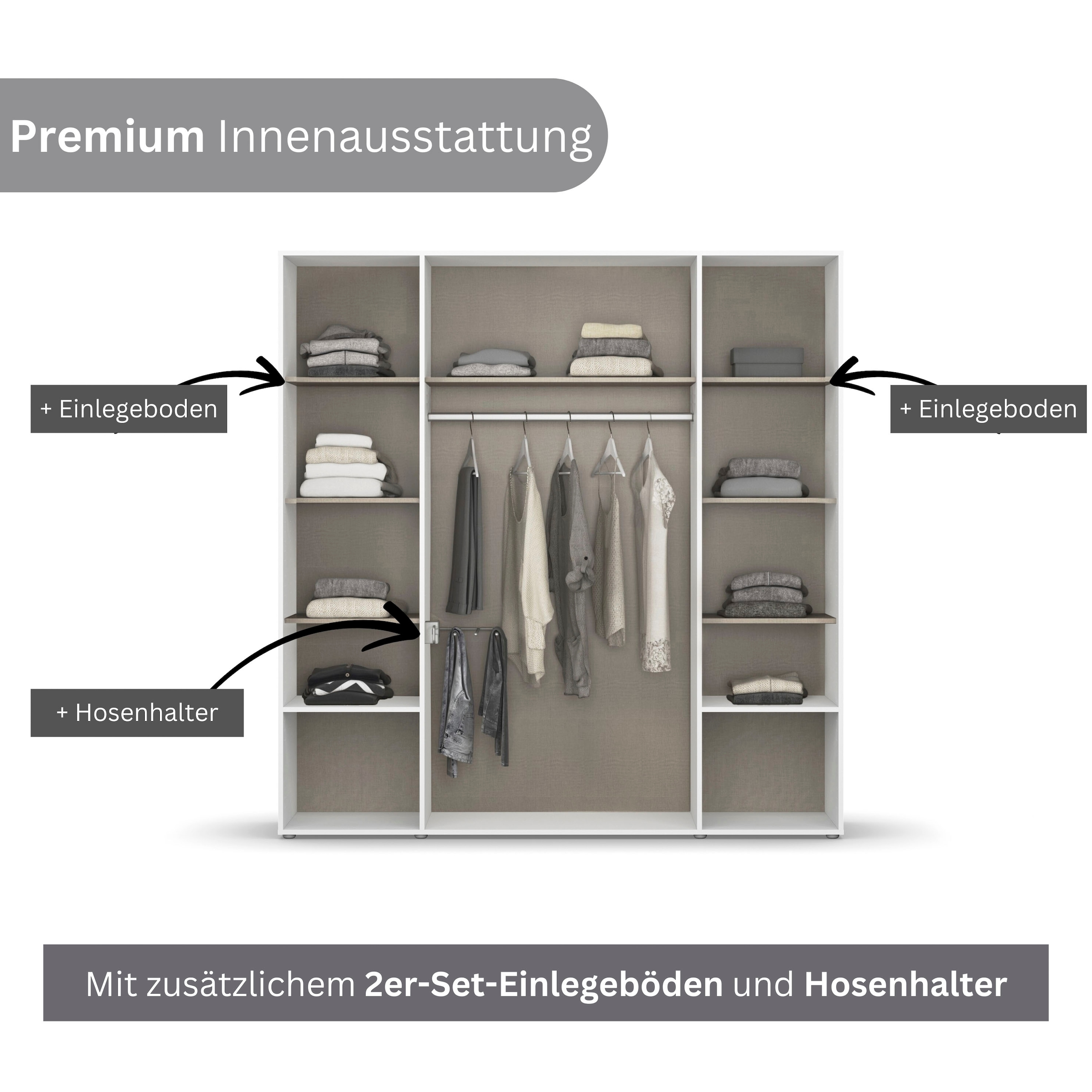 rauch Drehtürenschrank »Kleiderschrank Schrank Garderobe Wäscheschrank SHINJO«, (in 3 verschiedenen Ausstattungen BASIC/CLASSIC/PREMIUM), Griffe und Füße aus Massivholz mit 2 Schubladen MADE IN GERMANY