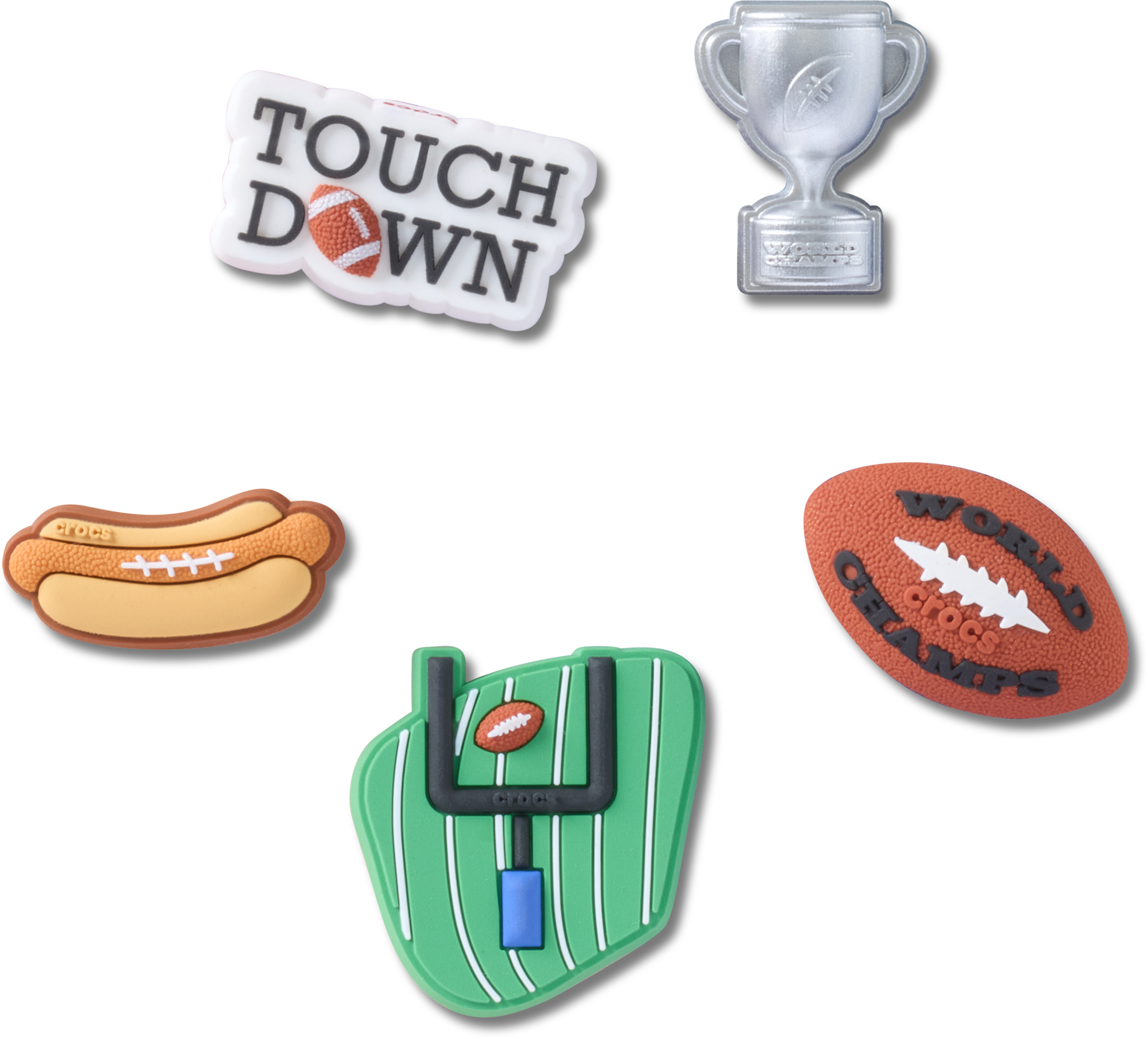 Crocs Schuhanstecker »Jibbitz™ Football Party« Set, Kein Spielzeug. Nicht für Kinder unter 3 Jahren geeignet, 5 Football Motive zum Anstecken, Charm, Anstecker für Crocs Schuhe