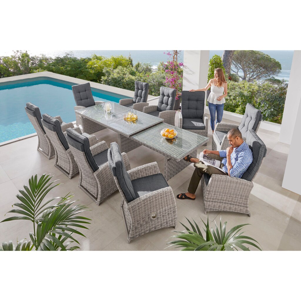 KONIFERA Garten-Essgruppe »Monaco«, (Set, 31 tlg., 10x Sessel, 1xTisch 200-366x100x75,5cm, inkl. Auflagen, Polyrattan,Alu)