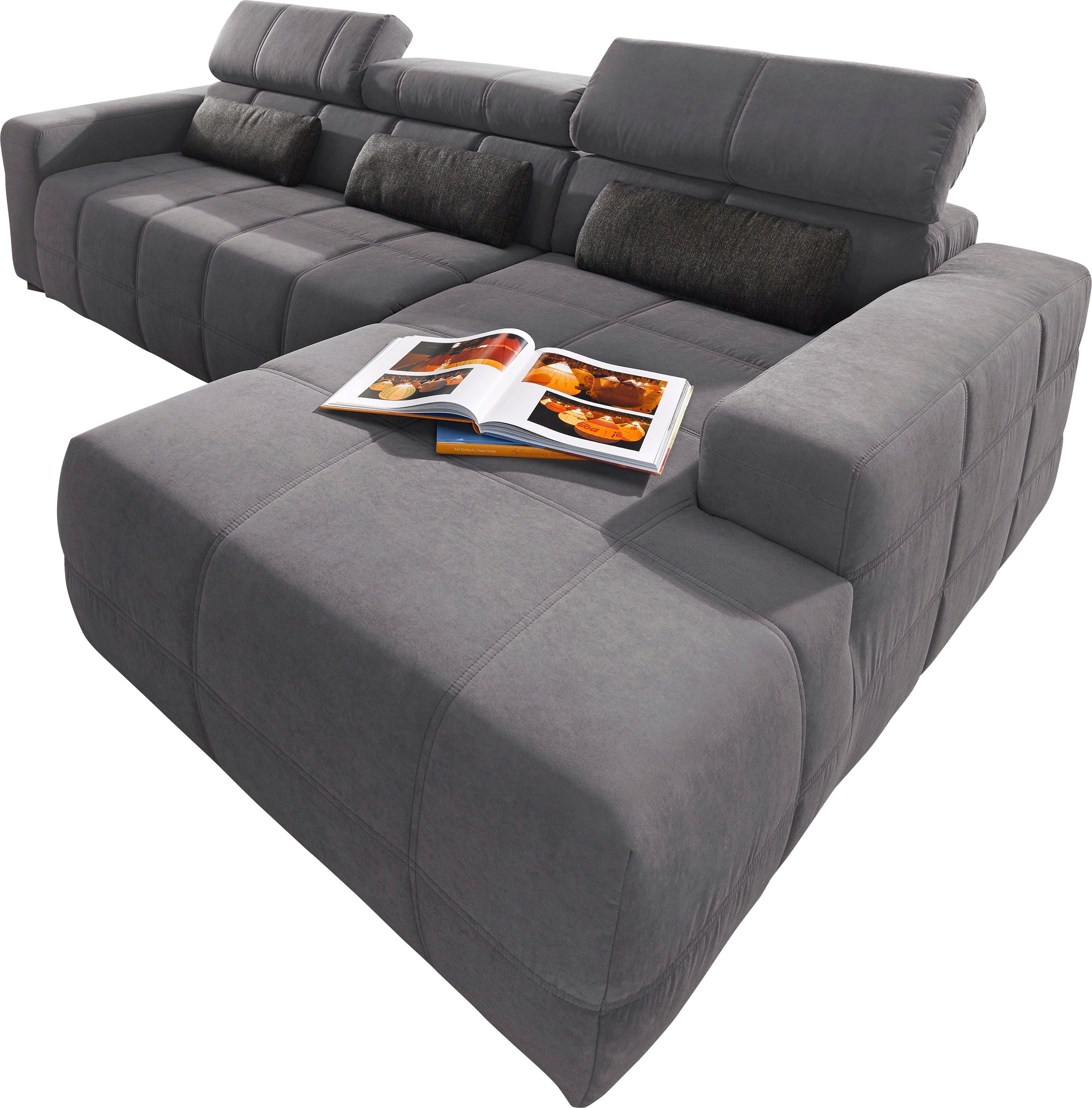 DOMO collection Ecksofa »Brandon B/T/H: 289/177/80 cm, whlw. mit Sitztiefenverstellung, L-Form«, mit Sitztiefenverstellung, Luxus-Microfaser, dunkelgrau