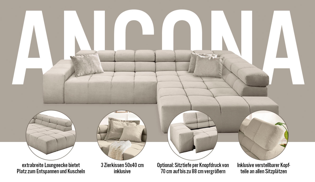 INOSIGN Ecksofa »Ancona incl. Kopfteilverstellung, Zierkissen Breite 319cm, L-Form«, wahlweise motorische Sitztiefenverstellung, auch in Cord + Easy Care