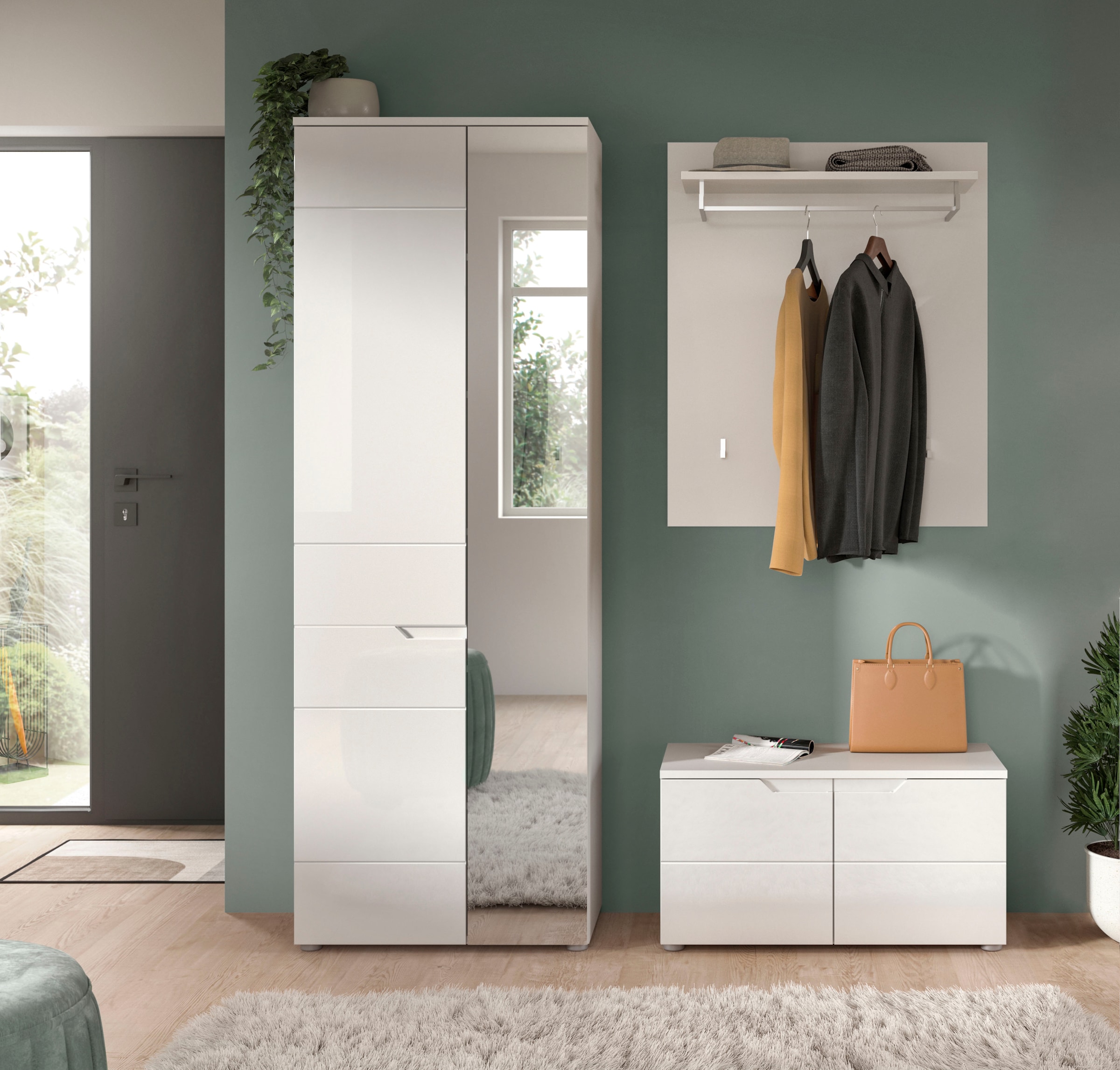 INOSIGN Garderoben-Set »CAPRI, 3-teilig, mit eingefasster Griffmulde, bestehend aus:«, (3 St.), Garderobenschrank, Sitzbank und Garderobenpaneel