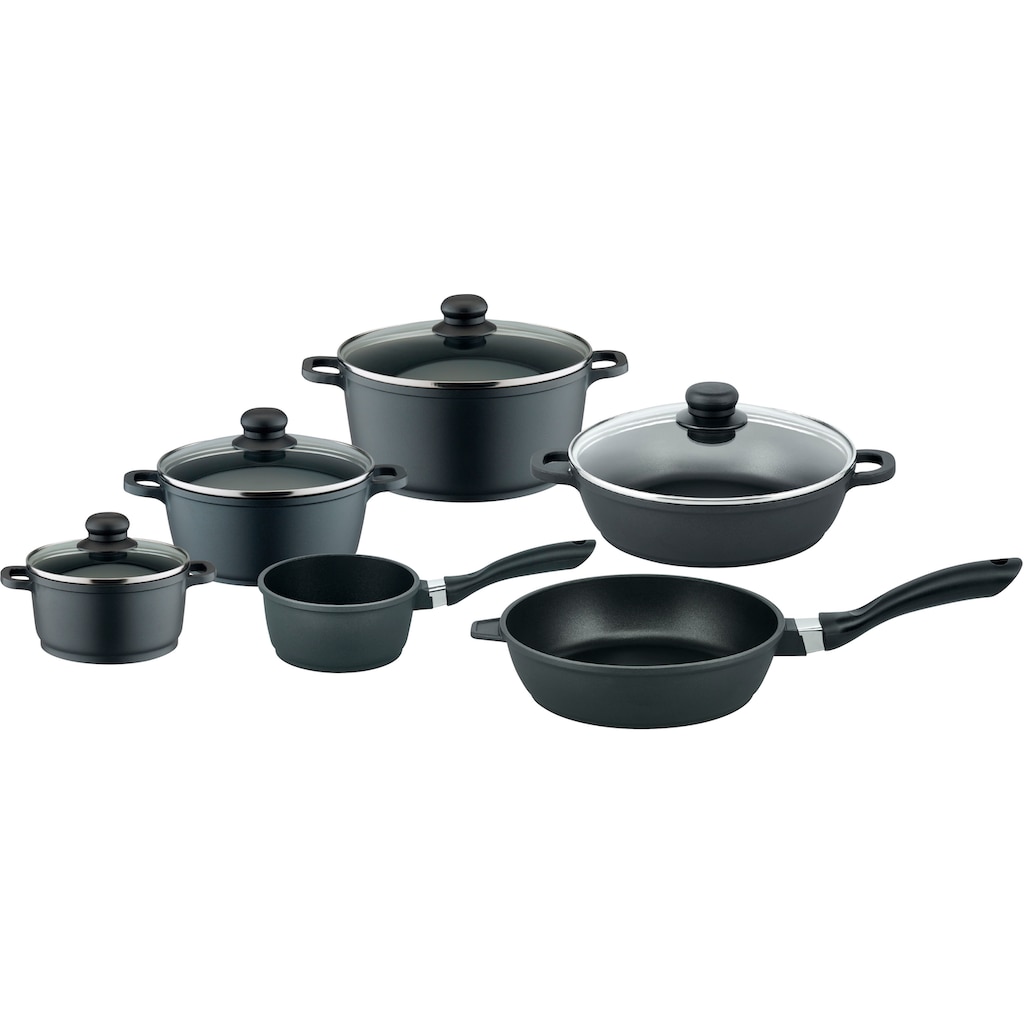 Elo Basic Topf-Set »Black Cast«, Aluminiumguss, (Set, 10 tlg., je 1 Kochtopf 16/20/24 cm, Stielkasserolle 16 cm, 2 Pfannen 24 cm)