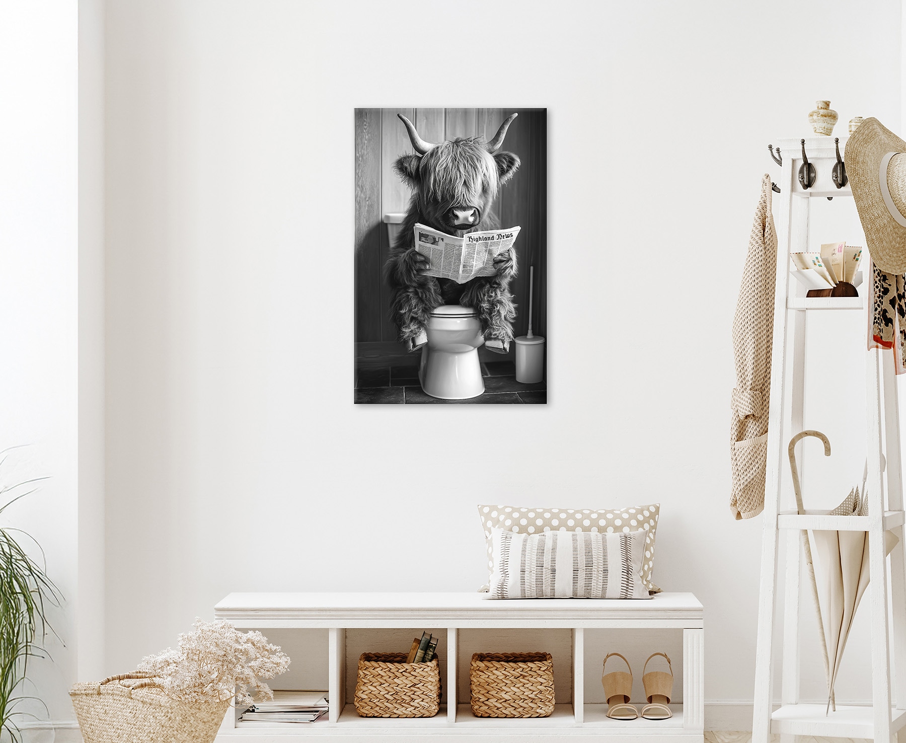 Bönninghoff Leinwandbild »Wandbild HIGHLAND NEWS S/W 60x90 cm – Leinwandbild Keilrahmen Deko« Hochlandrind | Humor | Kuh | Kuhbilder | Kühe | Schwarz-Weiß | Tiere 1 Stk. tlg. auf Keilrahmen gespannt